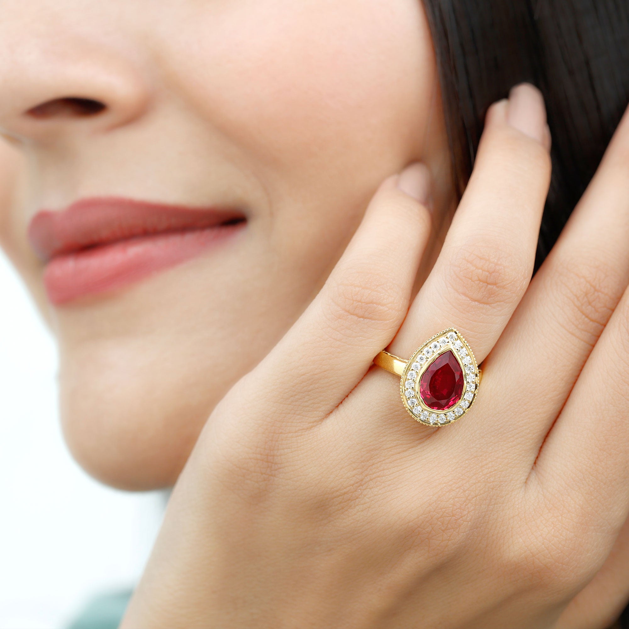 Rosec Jewels-Vintage Style Created Ruby Teardrop Engagement Ring with Diamond Halo