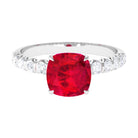 Rosec Jewels-Cushion Cut Created Ruby Solitaire Ring with Diamond Side Stones