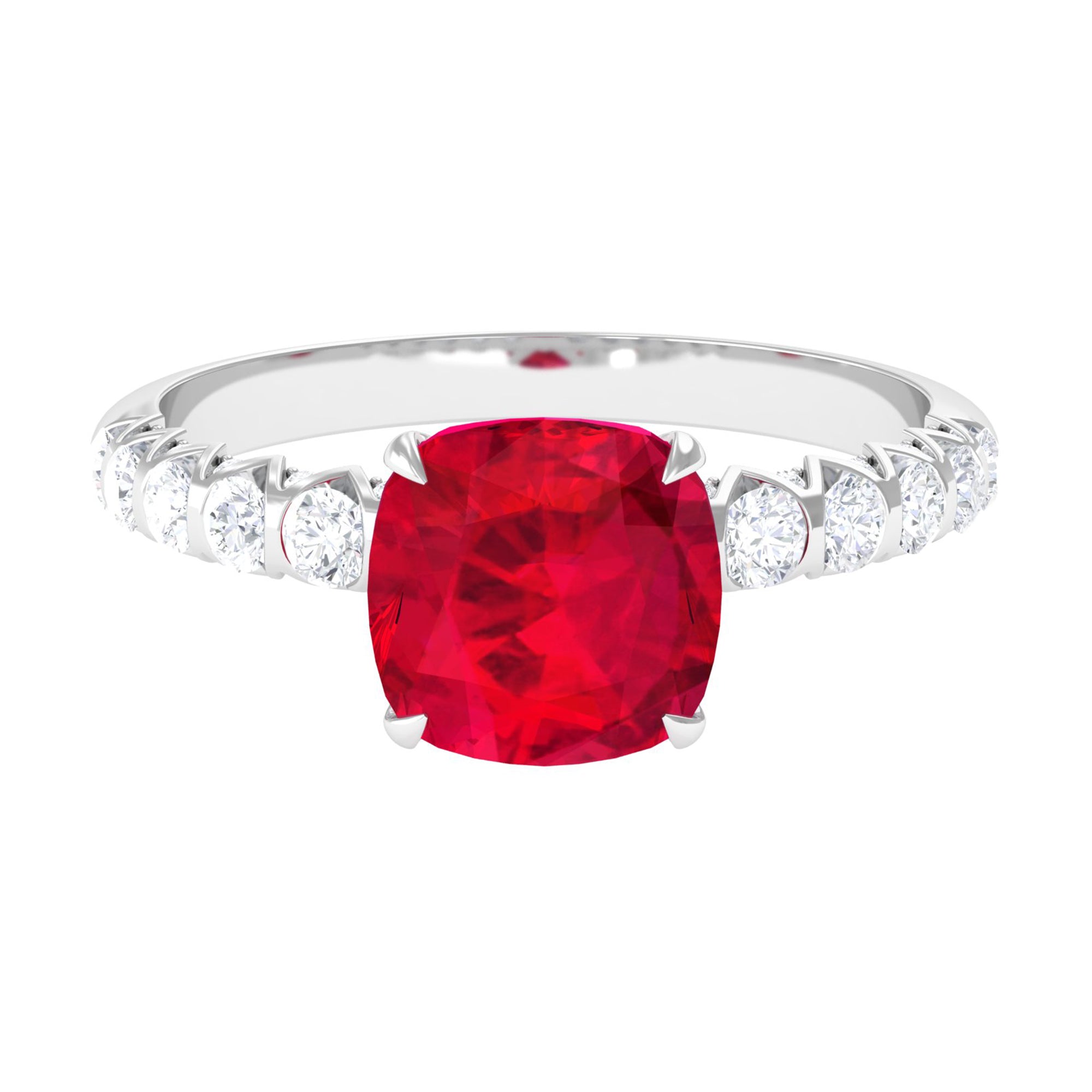 Rosec Jewels-Cushion Cut Created Ruby Solitaire Ring with Diamond Side Stones