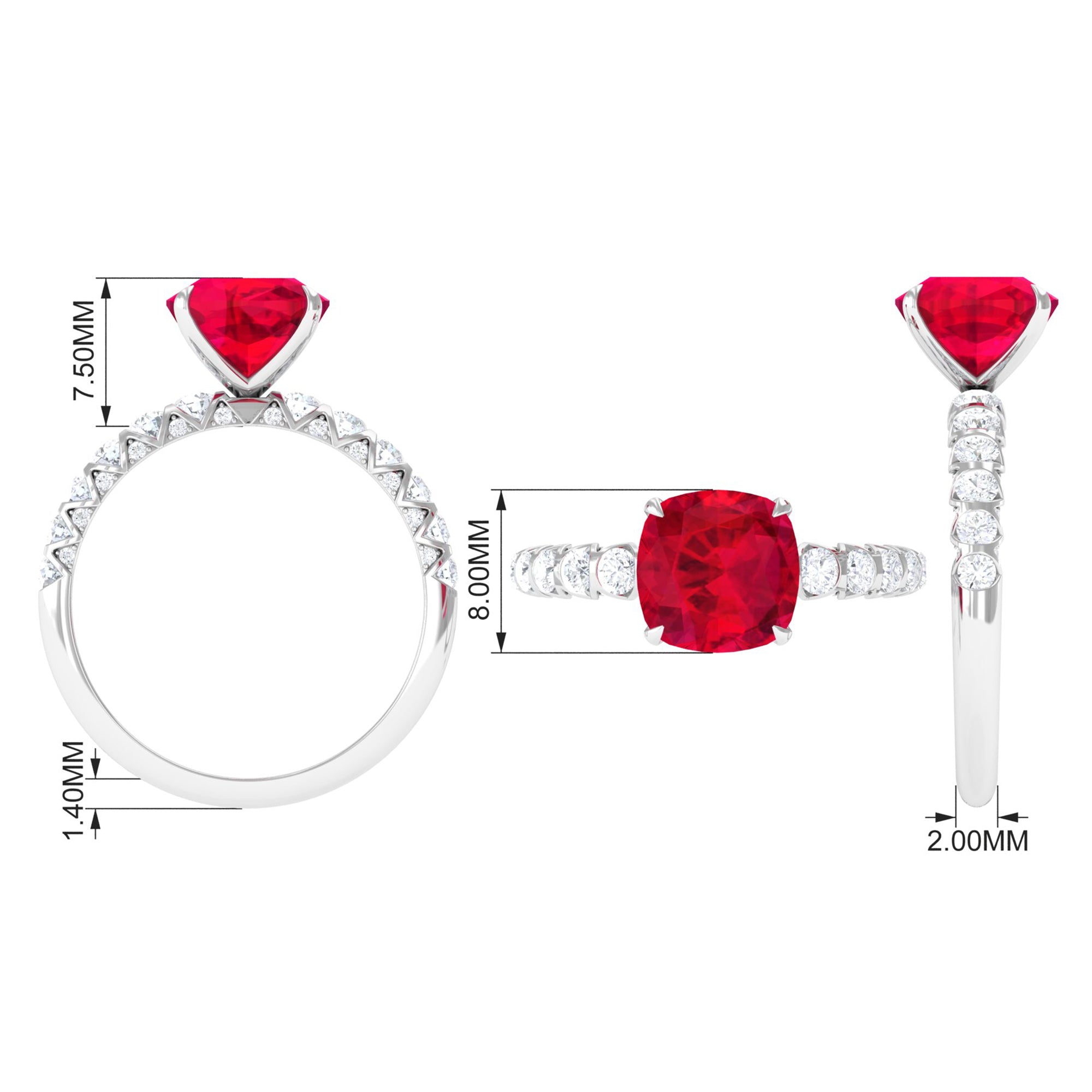 Rosec Jewels-Cushion Cut Created Ruby Solitaire Ring with Diamond Side Stones