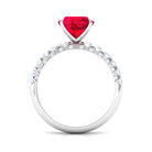 Rosec Jewels-Cushion Cut Created Ruby Solitaire Ring with Diamond Side Stones