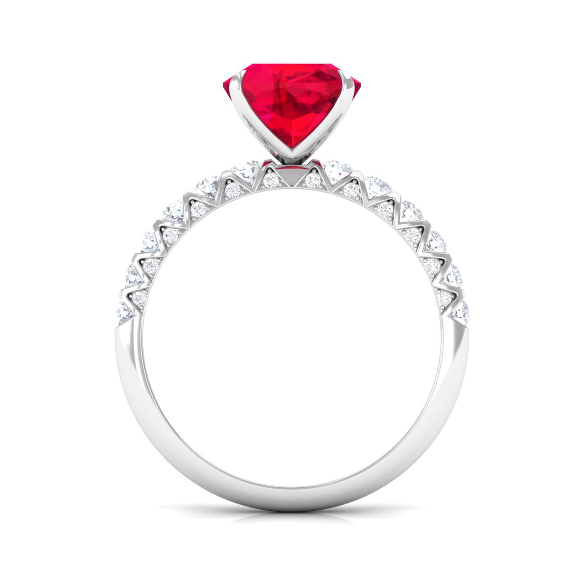 Rosec Jewels-Cushion Cut Created Ruby Solitaire Ring with Diamond Side Stones