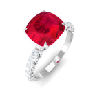 Rosec Jewels-Cushion Cut Created Ruby Solitaire Ring with Diamond Side Stones