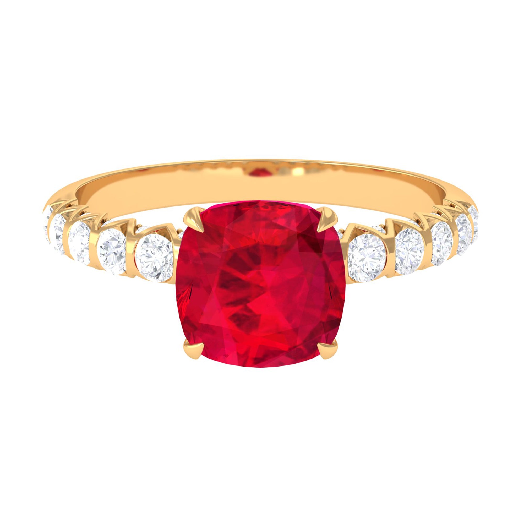 Rosec Jewels-Cushion Cut Created Ruby Solitaire Ring with Diamond Side Stones