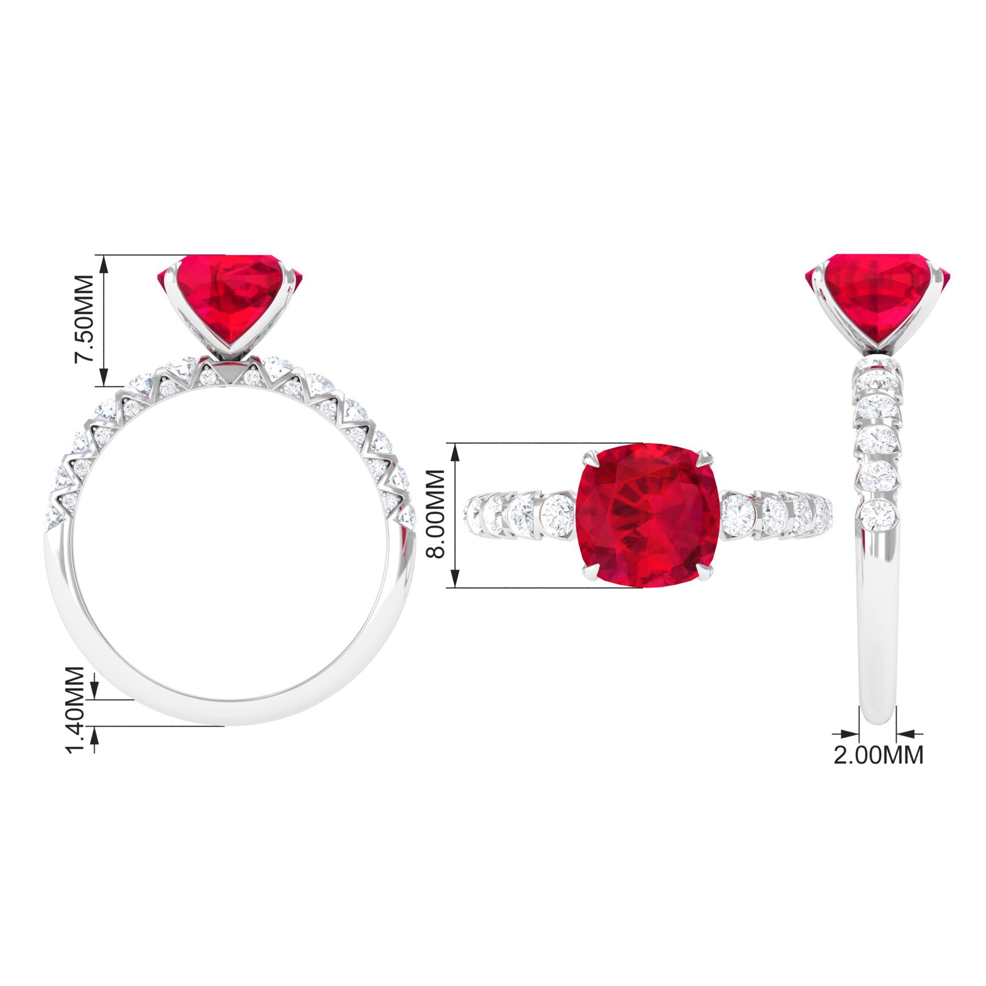 Rosec Jewels-Cushion Cut Created Ruby Solitaire Ring with Diamond Side Stones