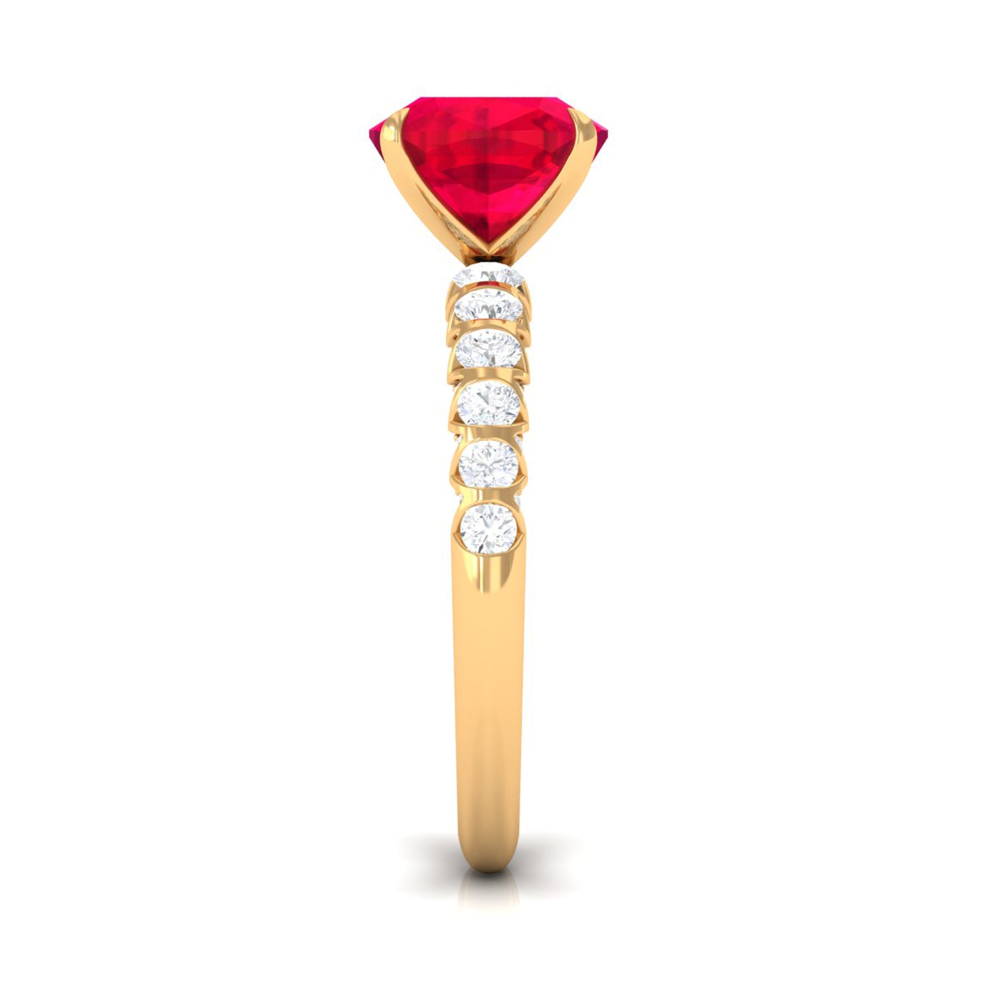 Rosec Jewels-Cushion Cut Created Ruby Solitaire Ring with Diamond Side Stones