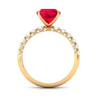 Rosec Jewels-Cushion Cut Created Ruby Solitaire Ring with Diamond Side Stones