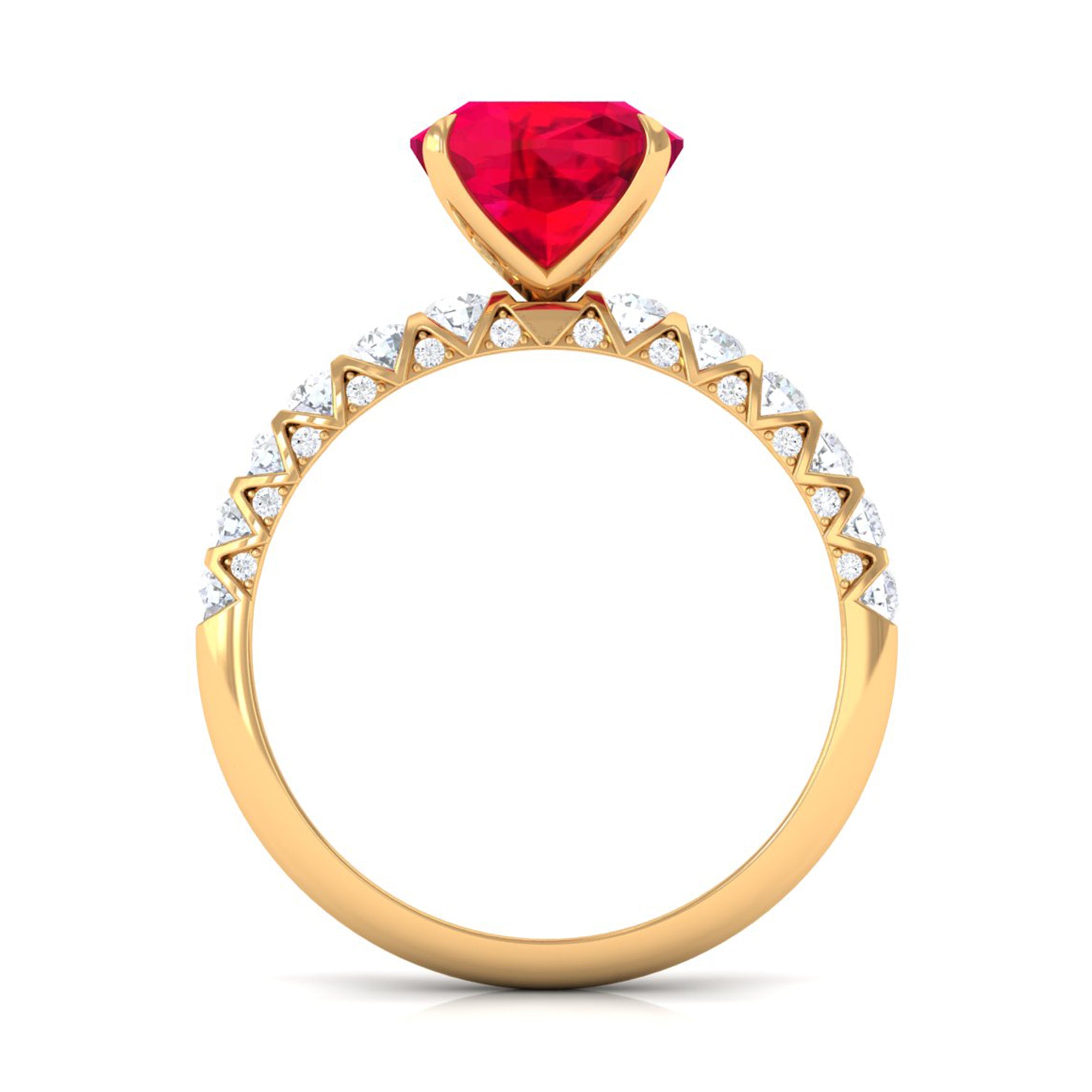 Rosec Jewels-Cushion Cut Created Ruby Solitaire Ring with Diamond Side Stones