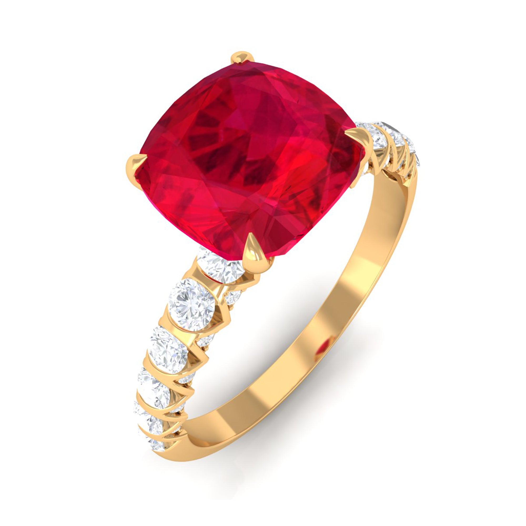 Rosec Jewels-Cushion Cut Created Ruby Solitaire Ring with Diamond Side Stones