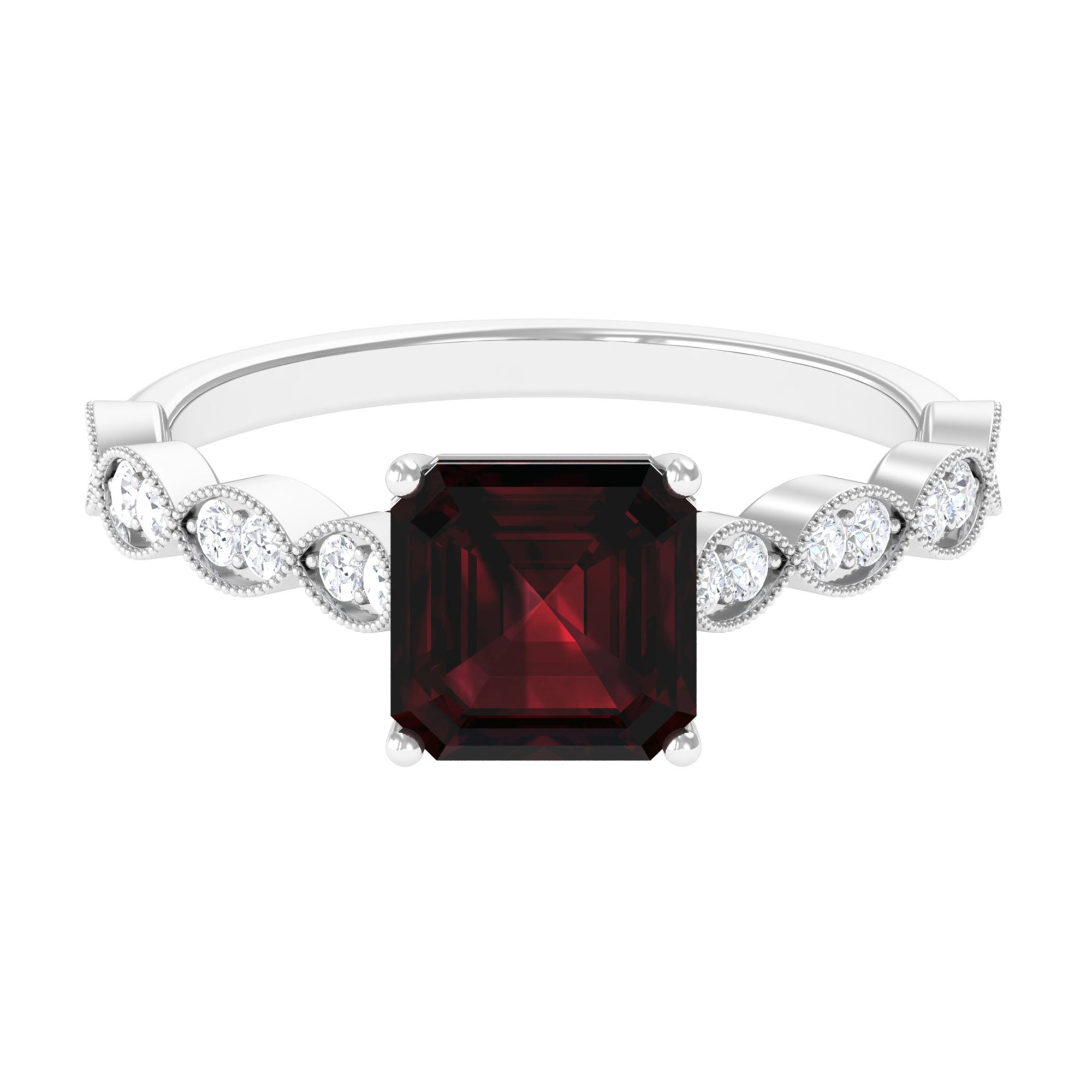 Rosec Jewels-1.5 CT Asscher Cut Garnet Solitaire Engagement Ring with Diamond Side Stones