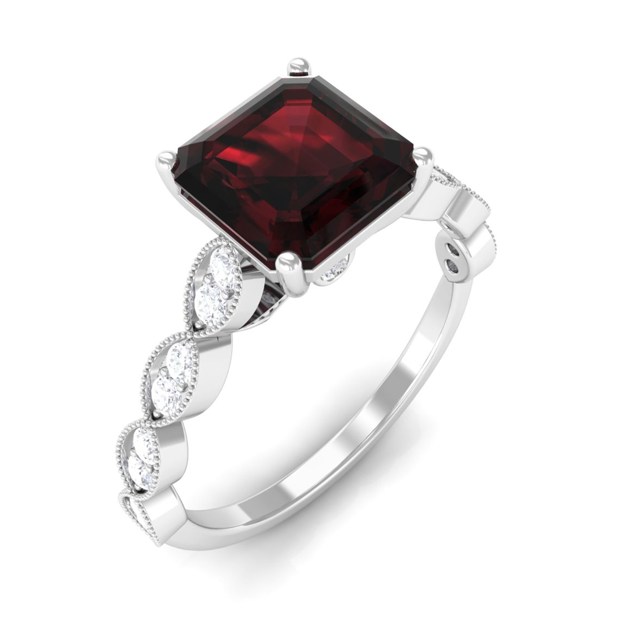 Rosec Jewels-1.5 CT Asscher Cut Garnet Solitaire Engagement Ring with Diamond Side Stones