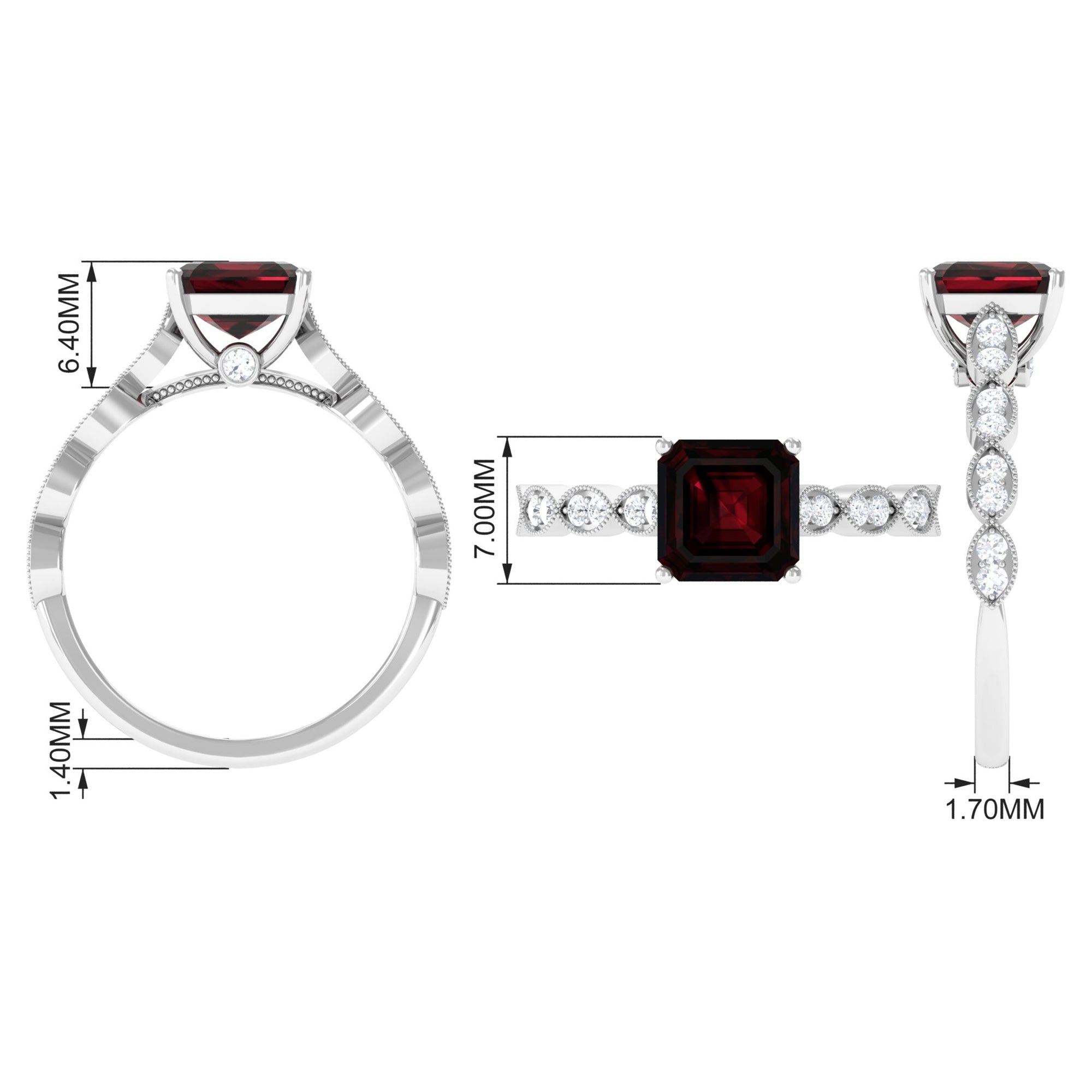 Rosec Jewels-1.5 CT Asscher Cut Garnet Solitaire Engagement Ring with Diamond Side Stones