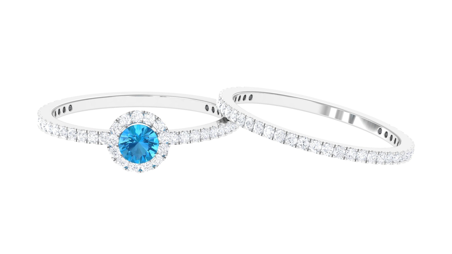 Rosec Jewels-Minimal Round Shape Swiss Blue Topaz Halo Ring Set with Diamond