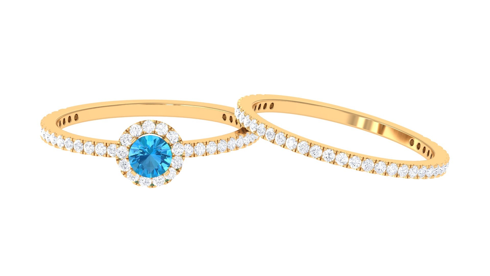 Rosec Jewels-Minimal Round Shape Swiss Blue Topaz Halo Ring Set with Diamond