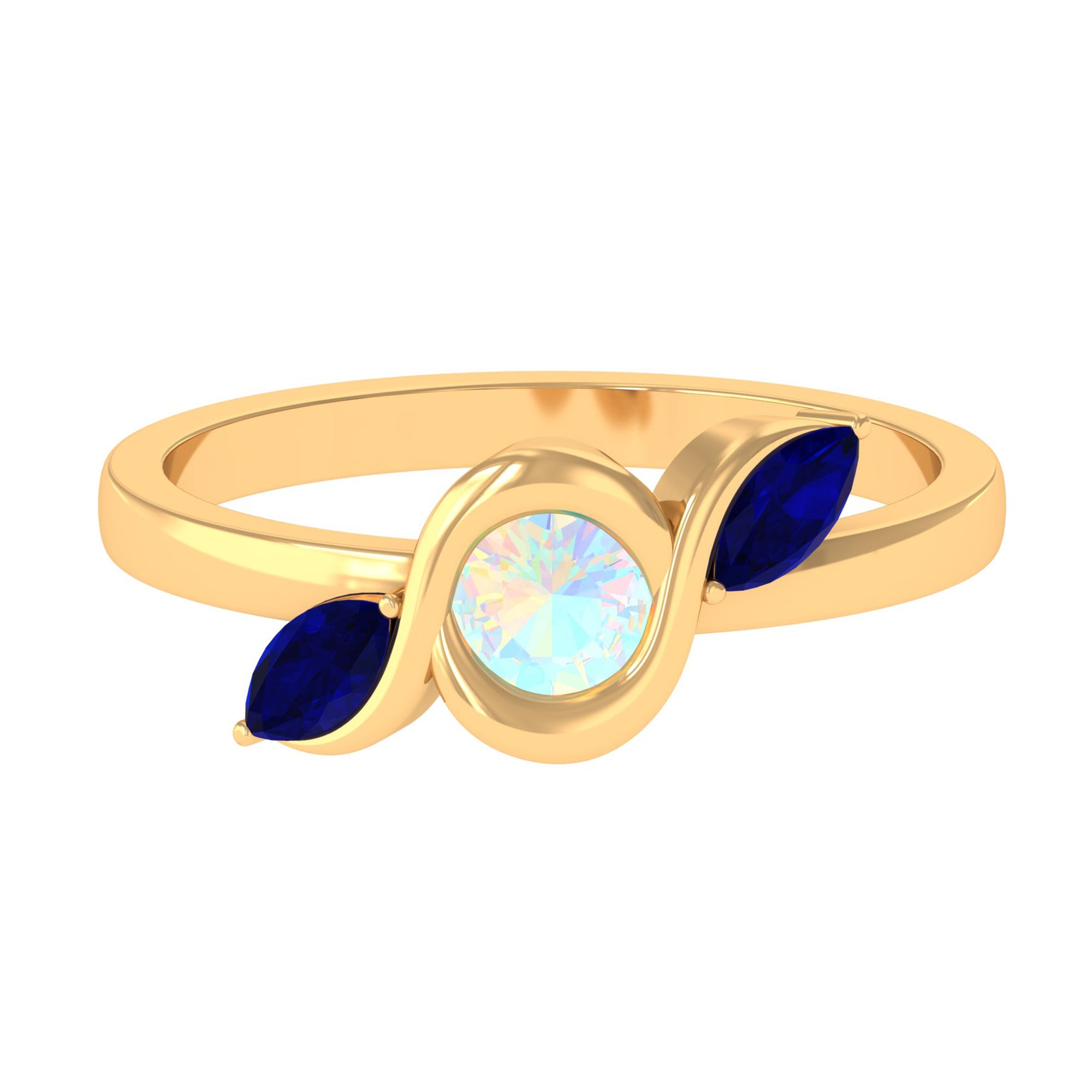 Rosec Jewels-Minimal Ethiopian Opal and Blue Sapphire Leaf Promise Ring