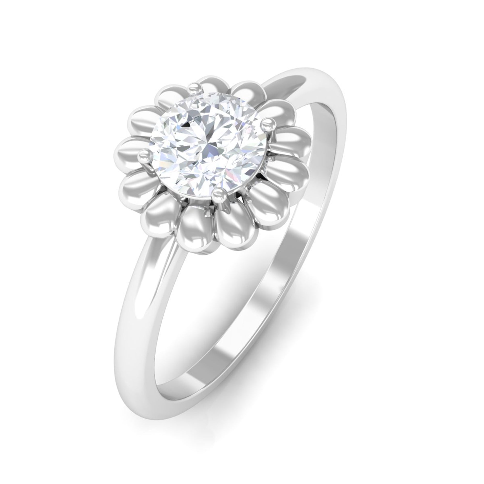 Rosec Jewels-Round Moissanite Solitaire Floral Ring in Prong Setting