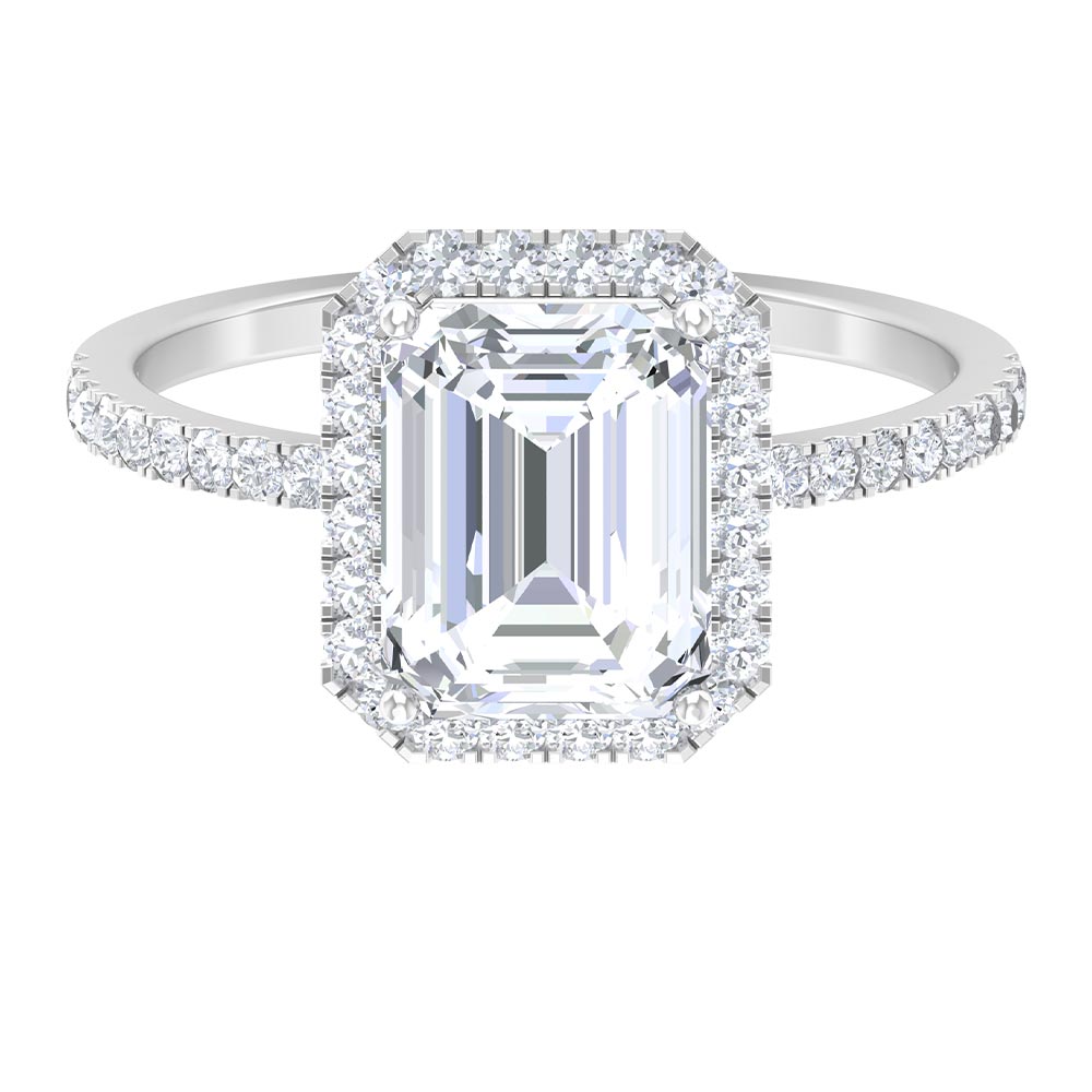 Rosec Jewels-Certified Emerald Cut Moissanite Halo Engagement Ring