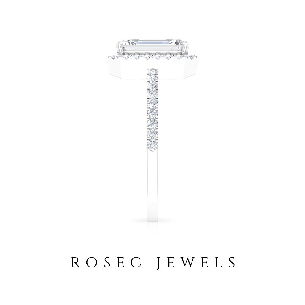 Rosec Jewels-Certified Emerald Cut Moissanite Halo Engagement Ring