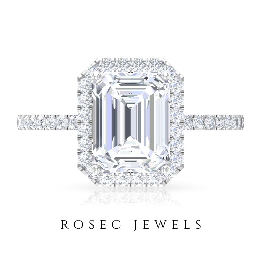 Rosec Jewels-Certified Emerald Cut Moissanite Halo Engagement Ring