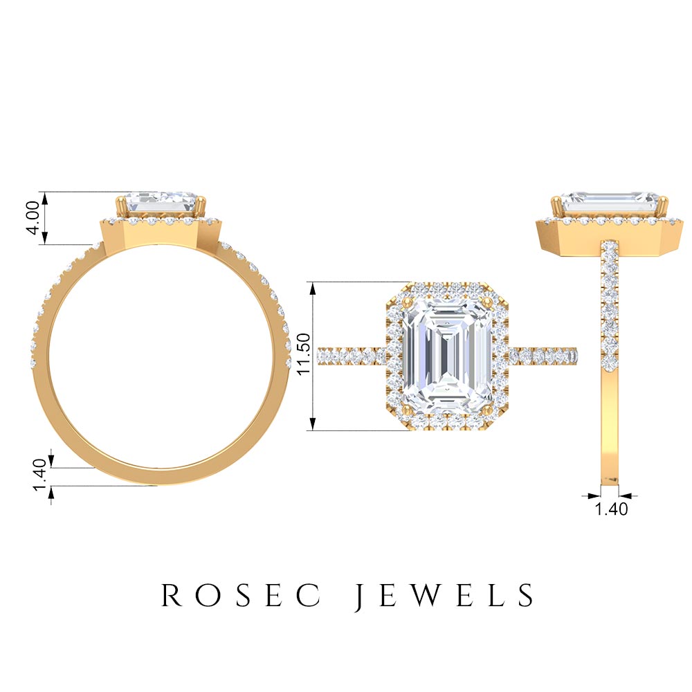 Rosec Jewels-Certified Emerald Cut Moissanite Halo Engagement Ring