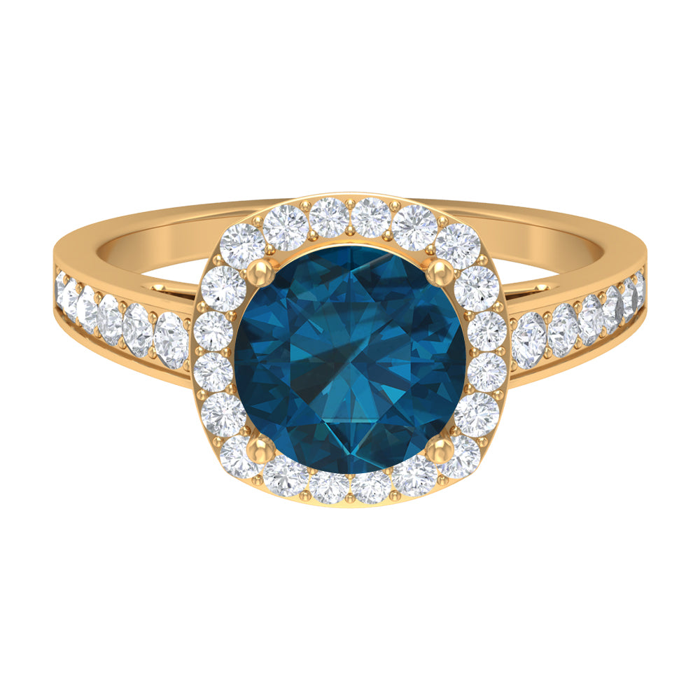 Rosec Jewels-Round London Blue Topaz Classic Halo Ring with Diamond