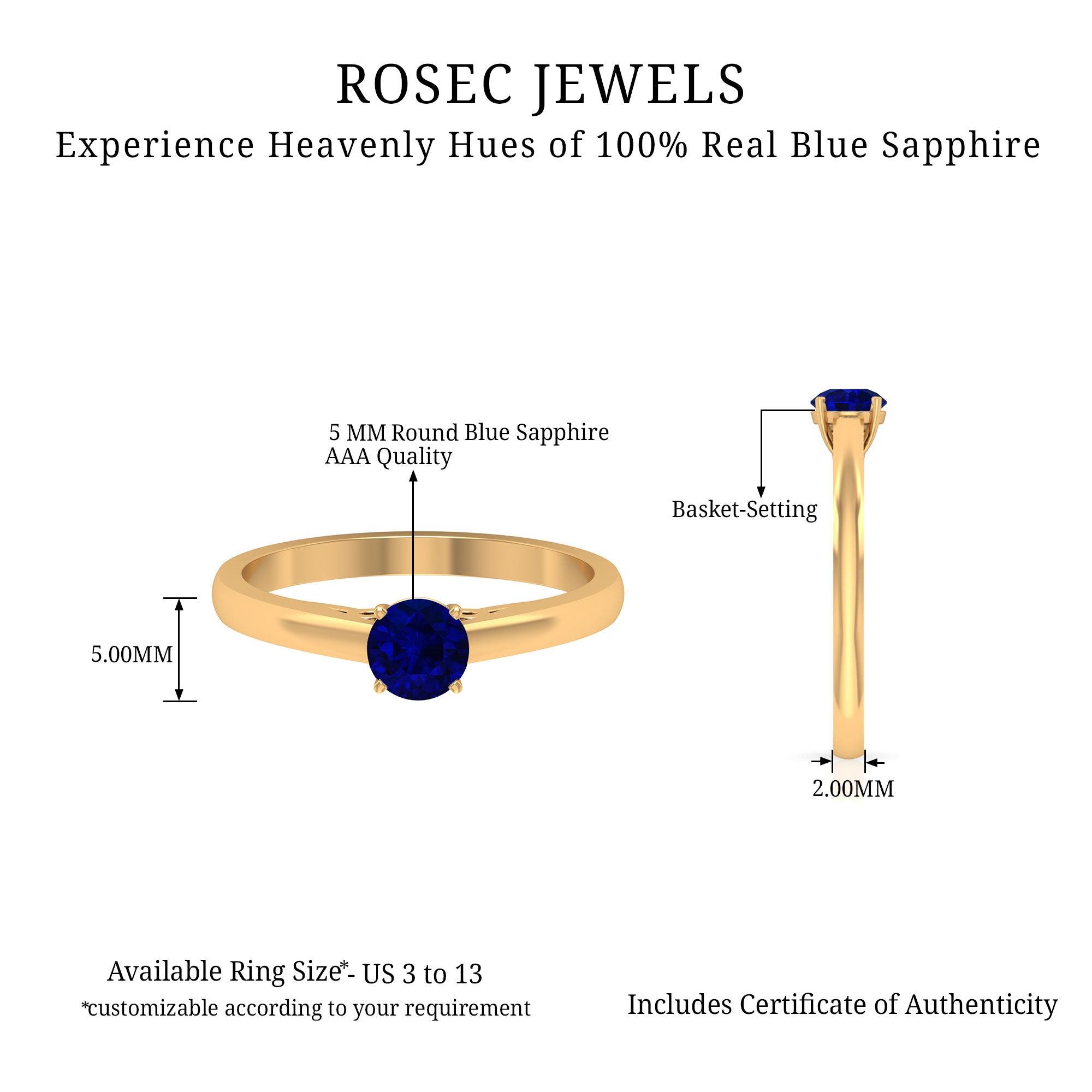 Rosec Jewels-Natural Blue Sapphire Round Solitaire Promise Ring