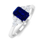 Rosec Jewels-Emerald Cut Created Blue Sapphire Solitaire Ring with Diamond Trio