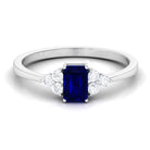 Rosec Jewels-Emerald Cut Created Blue Sapphire Solitaire Ring with Diamond Trio