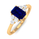 Rosec Jewels-Emerald Cut Created Blue Sapphire Solitaire Ring with Diamond Trio