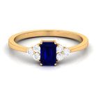 Rosec Jewels-Emerald Cut Created Blue Sapphire Solitaire Ring with Diamond Trio