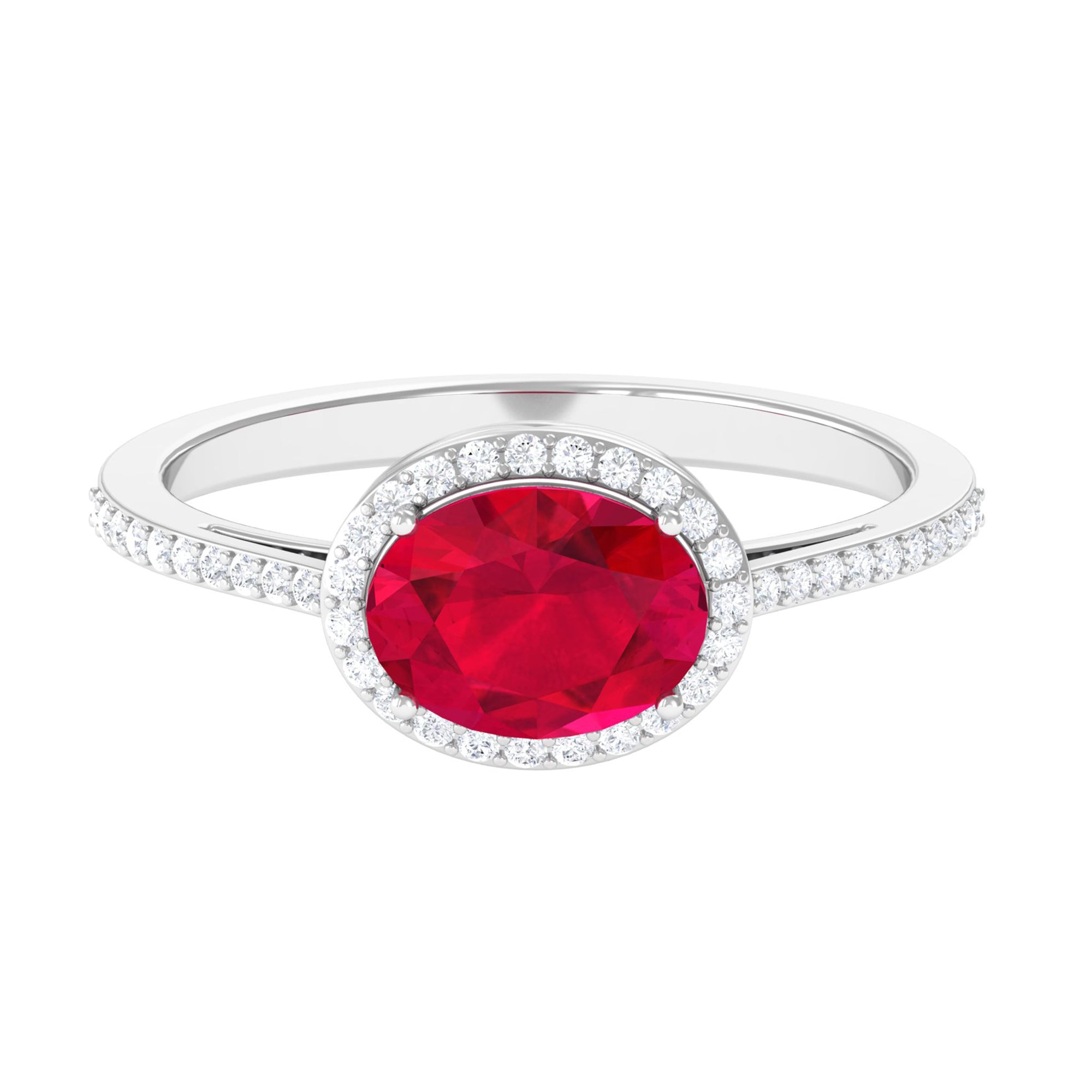 Rosec Jewels-Oval Cut Created Ruby East West Engagement Ring with Diamond Halo