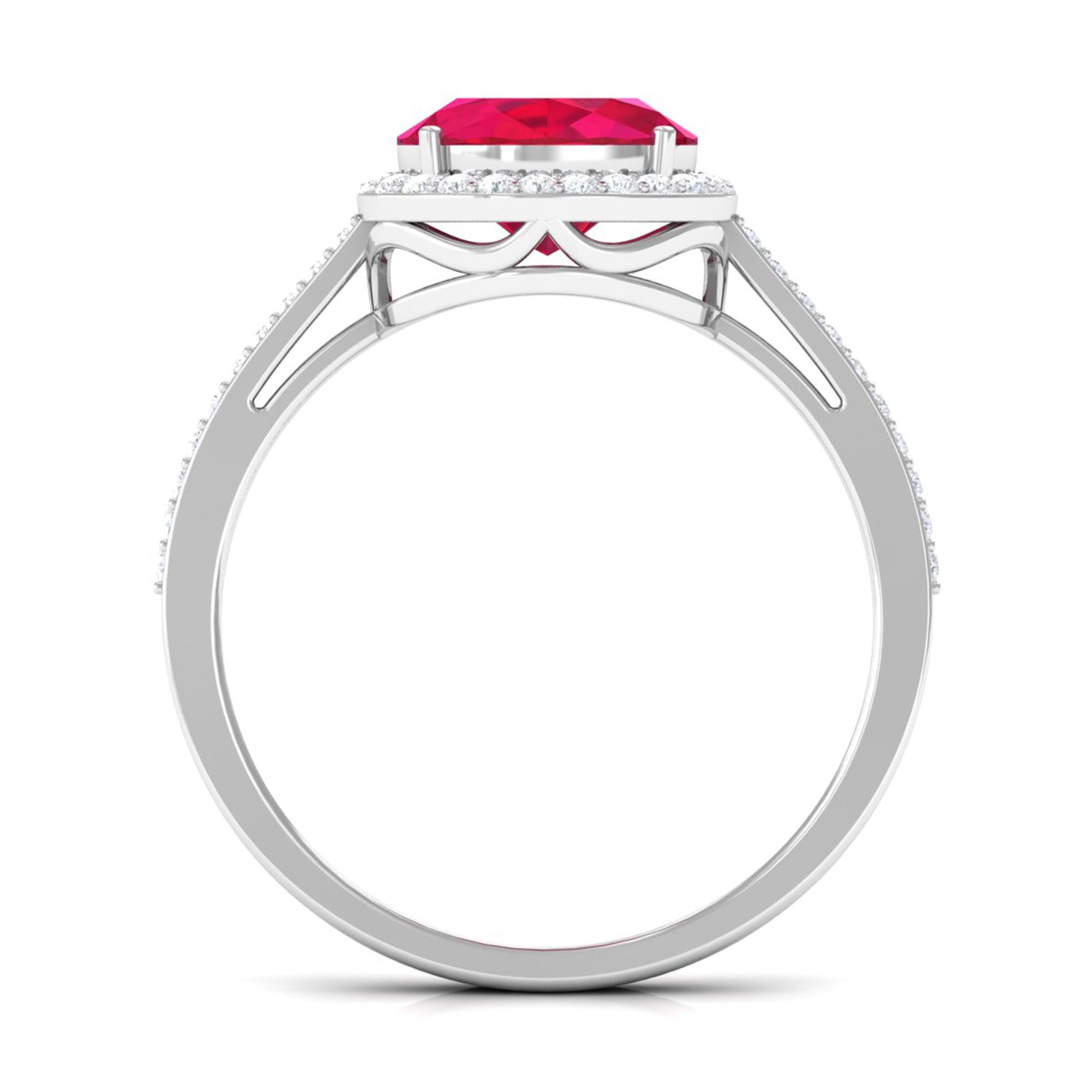 Rosec Jewels-Oval Cut Created Ruby East West Engagement Ring with Diamond Halo