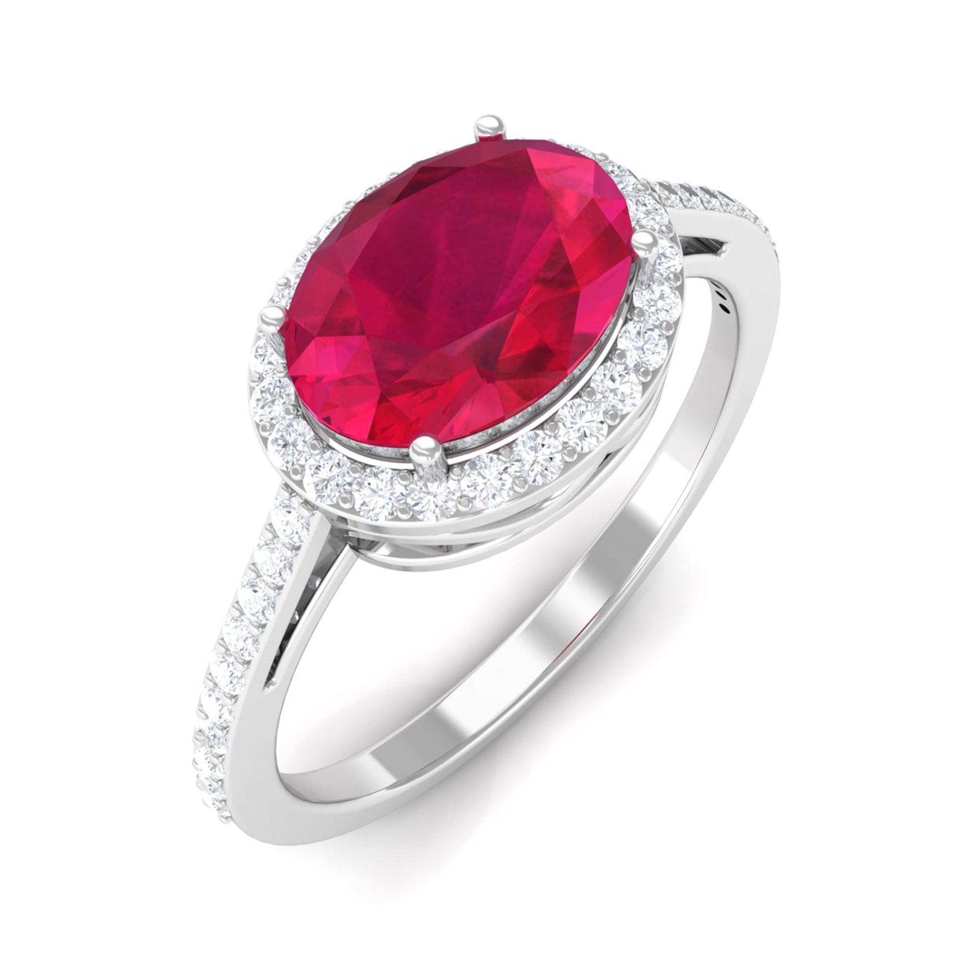 Rosec Jewels-Oval Cut Created Ruby East West Engagement Ring with Diamond Halo