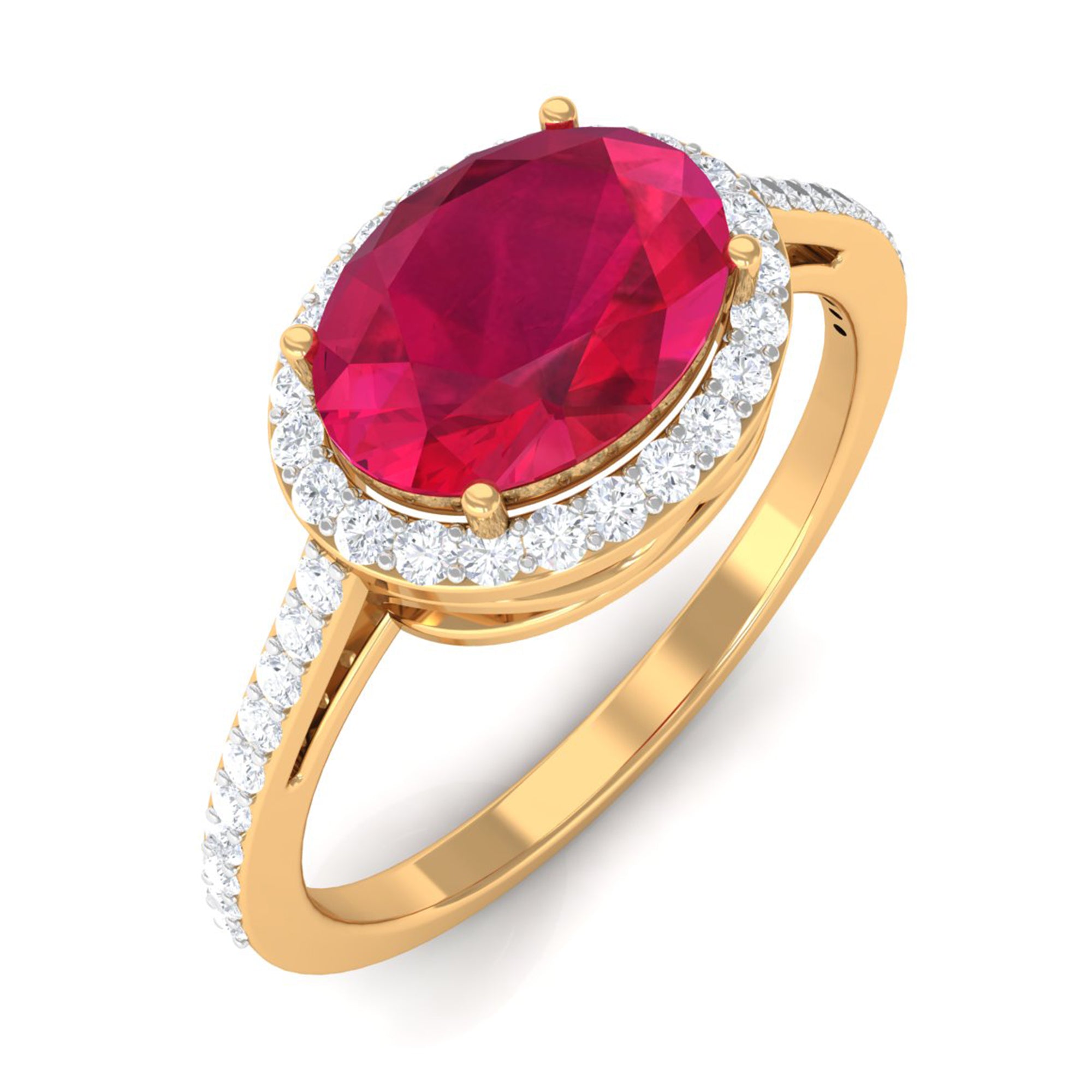 Rosec Jewels-Oval Cut Created Ruby East West Engagement Ring with Diamond Halo