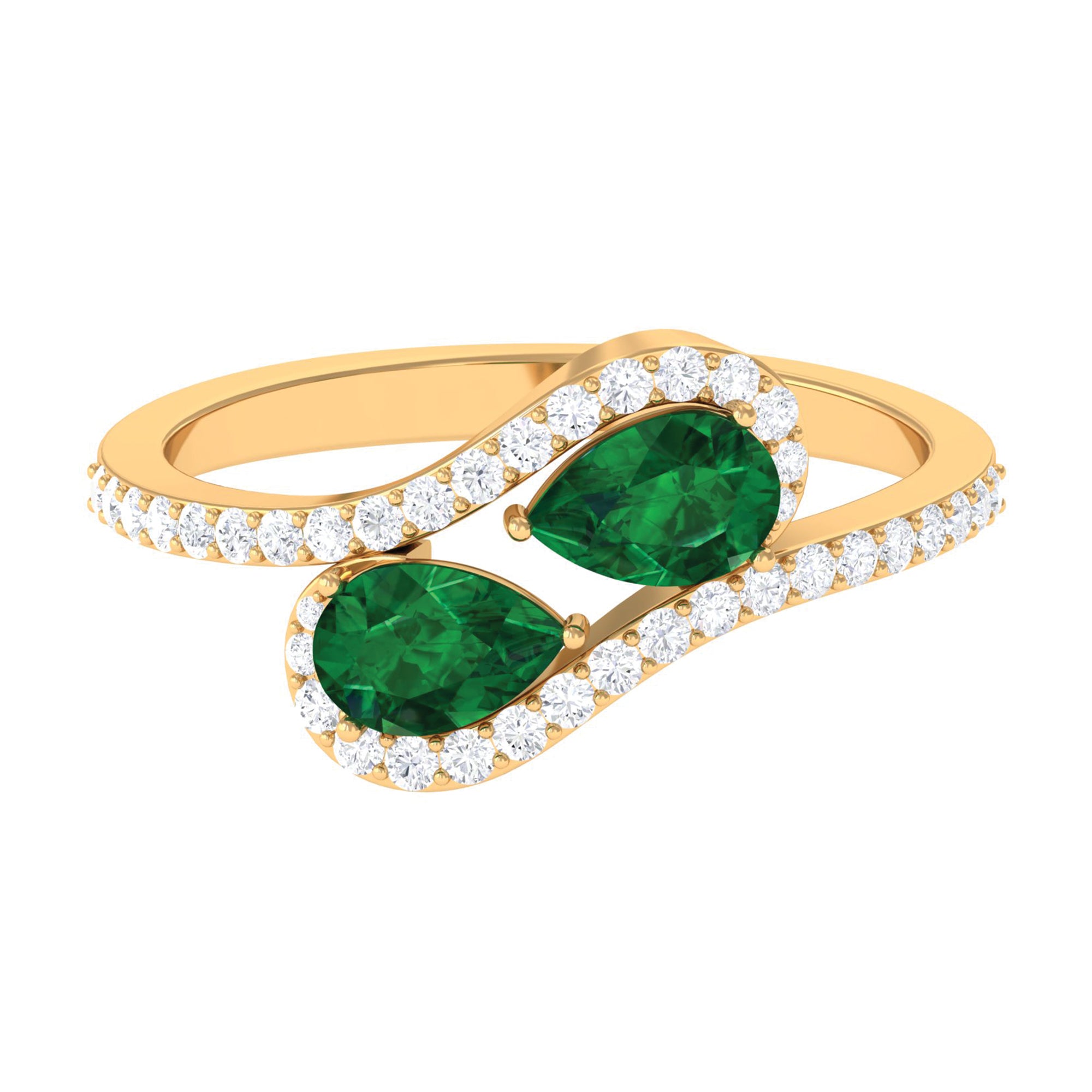 Rosec Jewels-Pear Shape Created Emerald and Diamond Bypass Engagement Ring