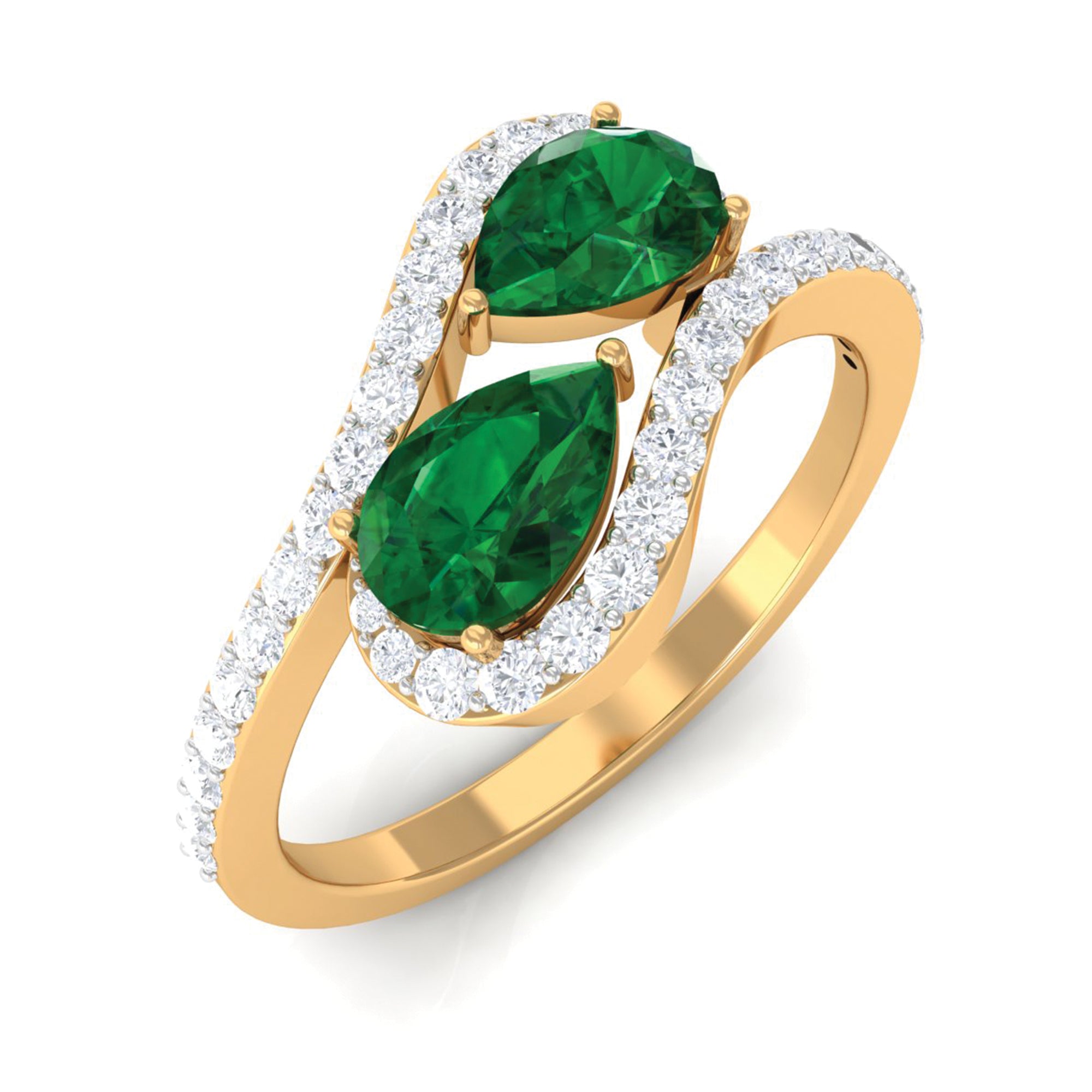 Rosec Jewels-Pear Shape Created Emerald and Diamond Bypass Engagement Ring