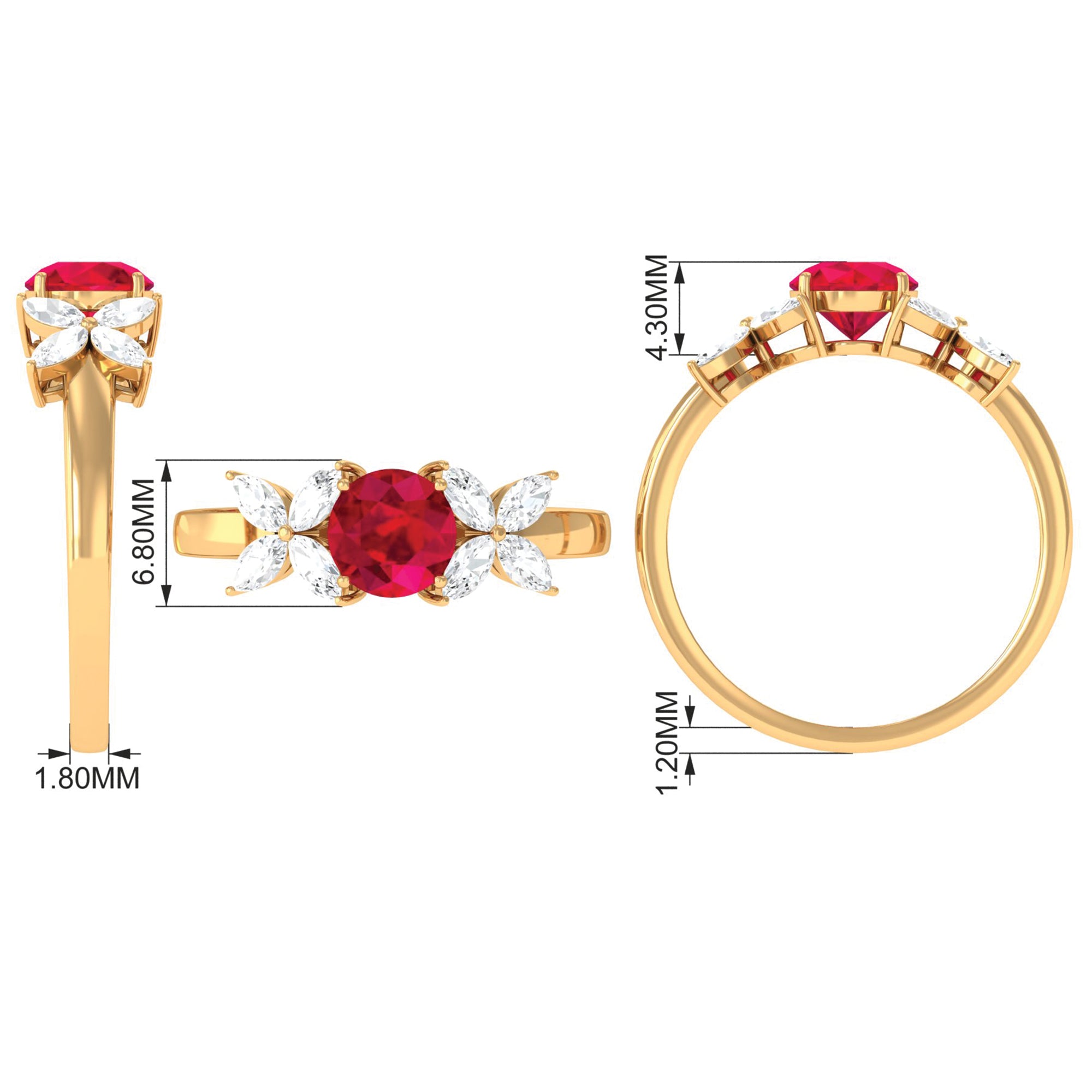 Rosec Jewels-Round Created Ruby Floral Engagement Ring with Moissanite Accent