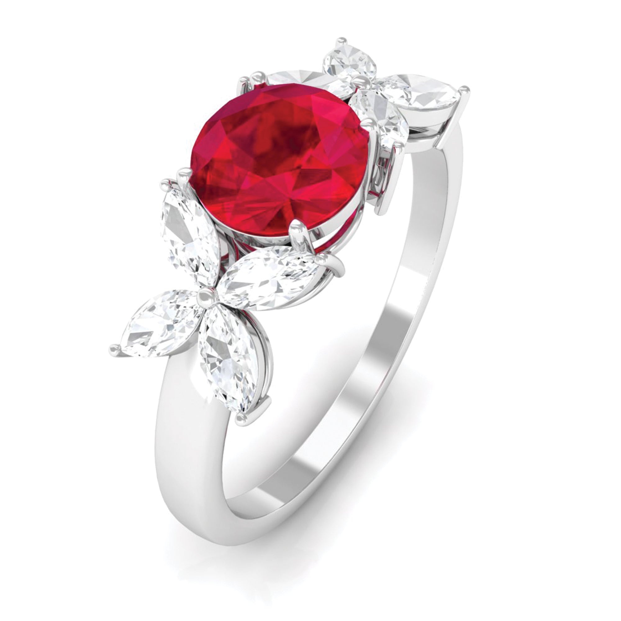 Rosec Jewels-Round Created Ruby Floral Engagement Ring with Moissanite Accent