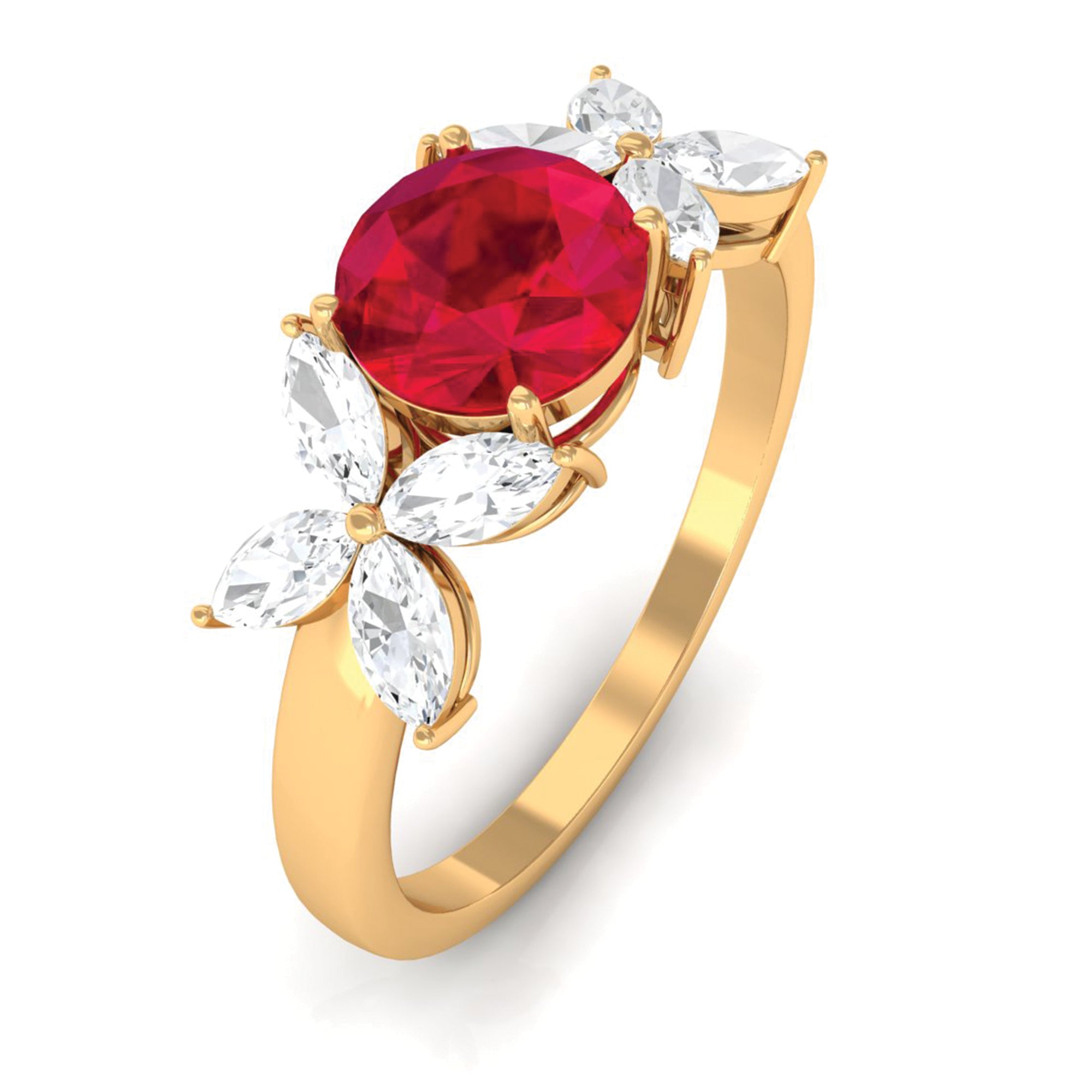 Rosec Jewels-Round Created Ruby Floral Engagement Ring with Moissanite Accent