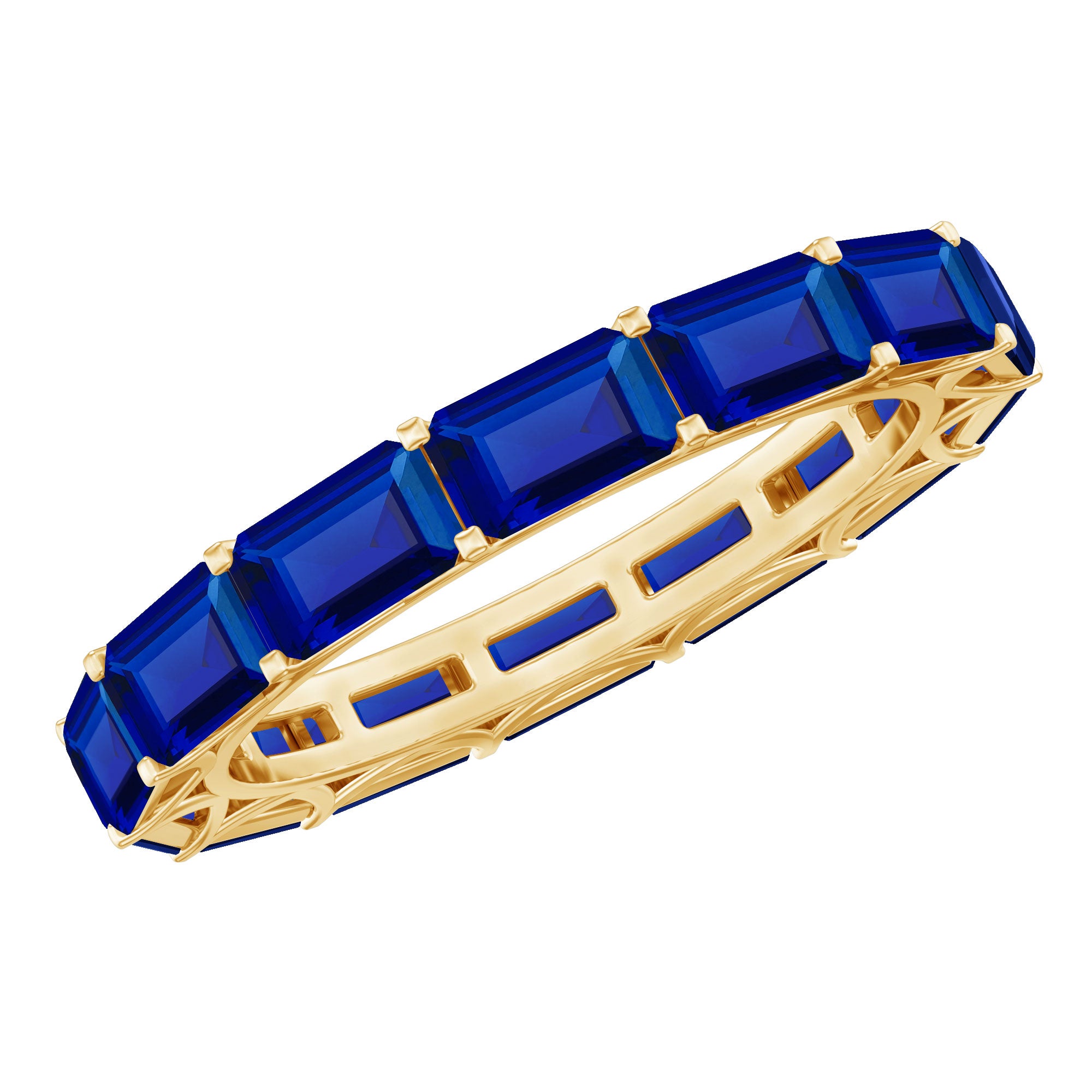 Rosec Jewels-7.75 CT Emerald Cut Created Blue Sapphire East West Eternity Ring