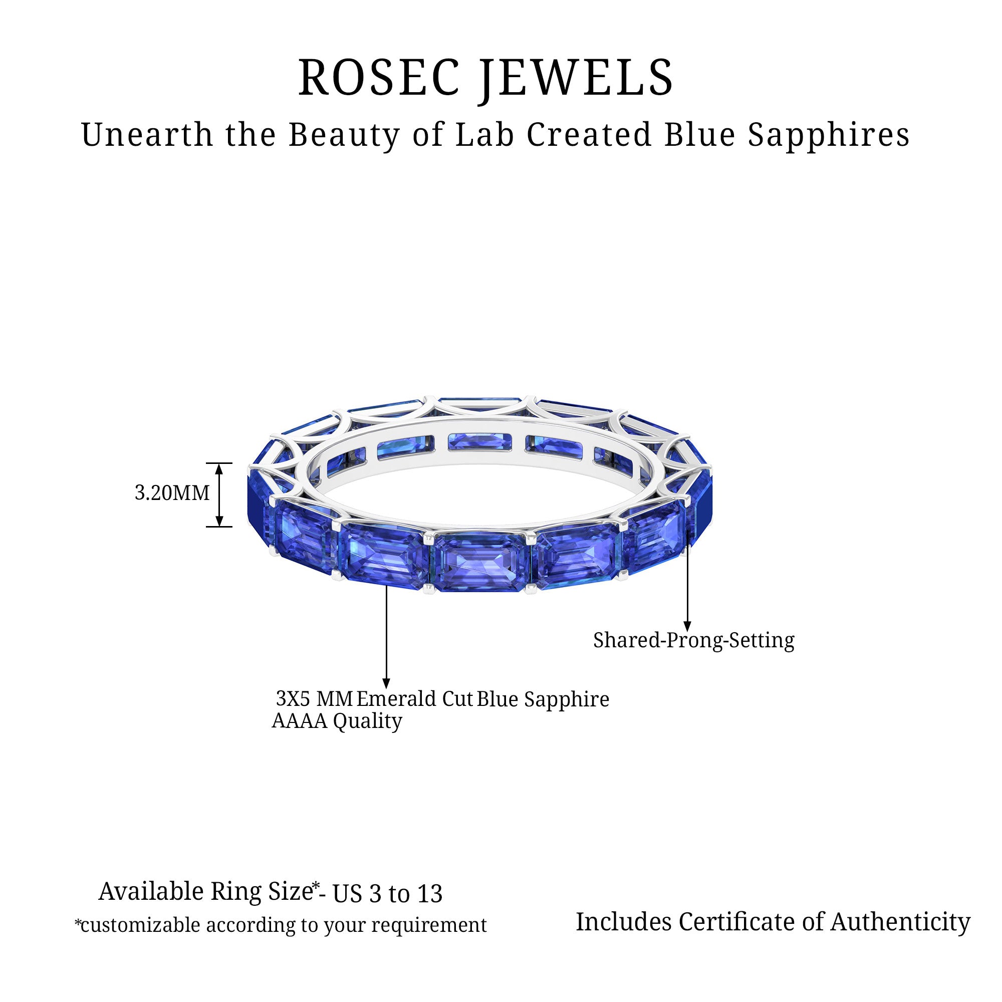 Rosec Jewels-7.75 CT Emerald Cut Created Blue Sapphire East West Eternity Ring