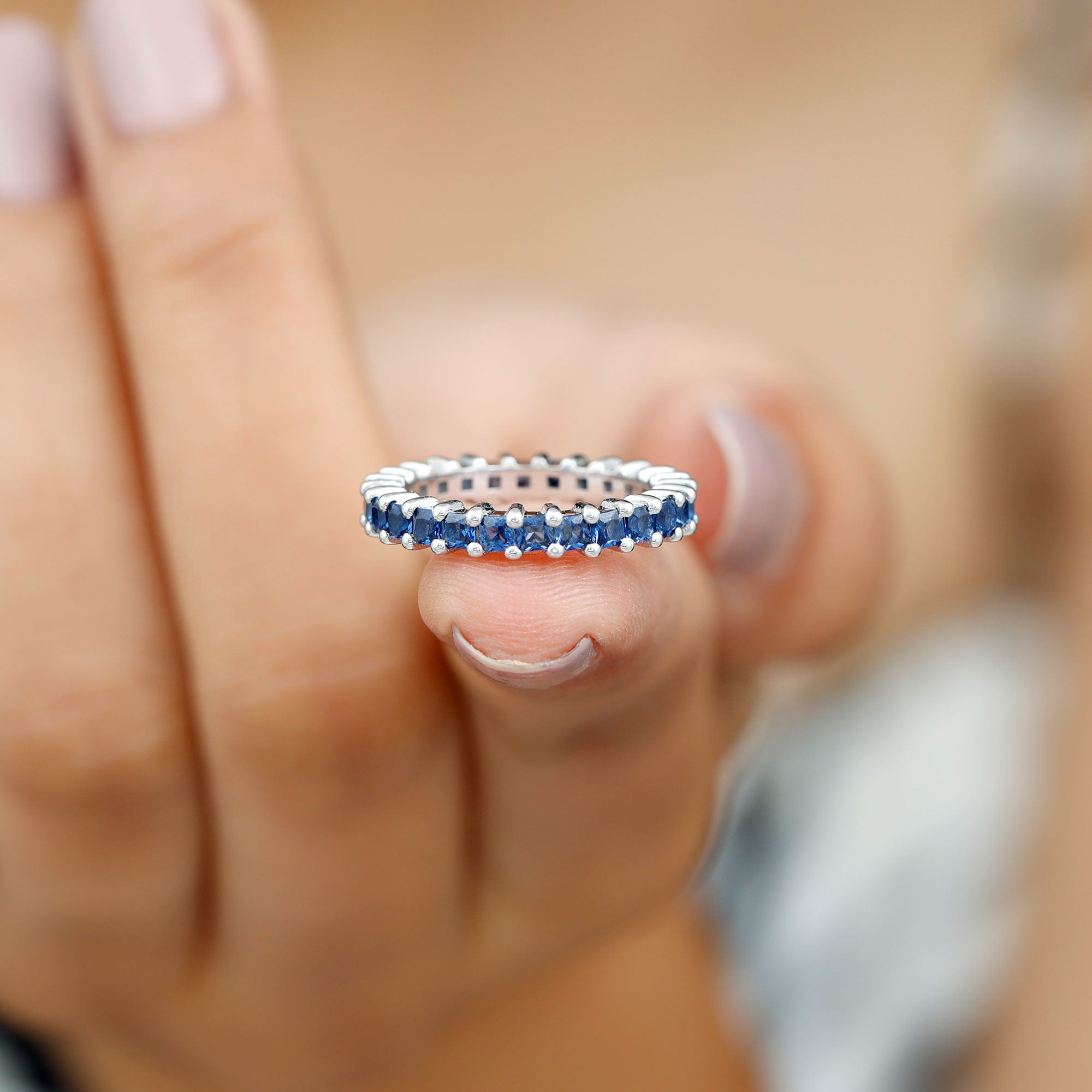 Rosec Jewels-Princess Cut Created Blue Sapphire Stackable Eternity Band Ring in Gold