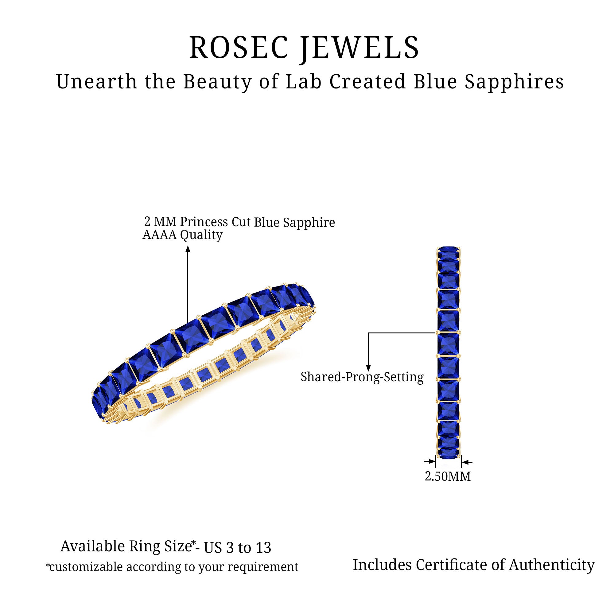 Rosec Jewels-Princess Cut Created Blue Sapphire Stackable Eternity Band Ring in Gold