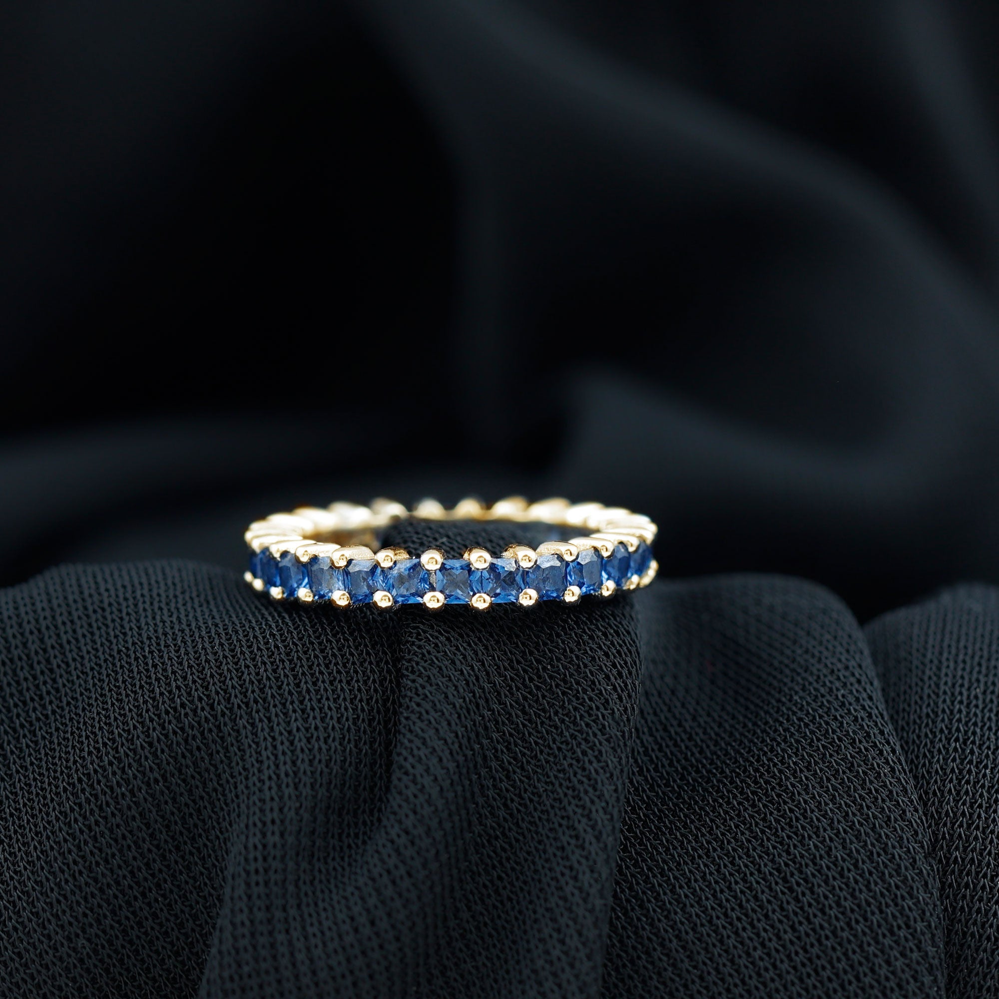 Rosec Jewels-Princess Cut Created Blue Sapphire Stackable Eternity Band Ring in Gold