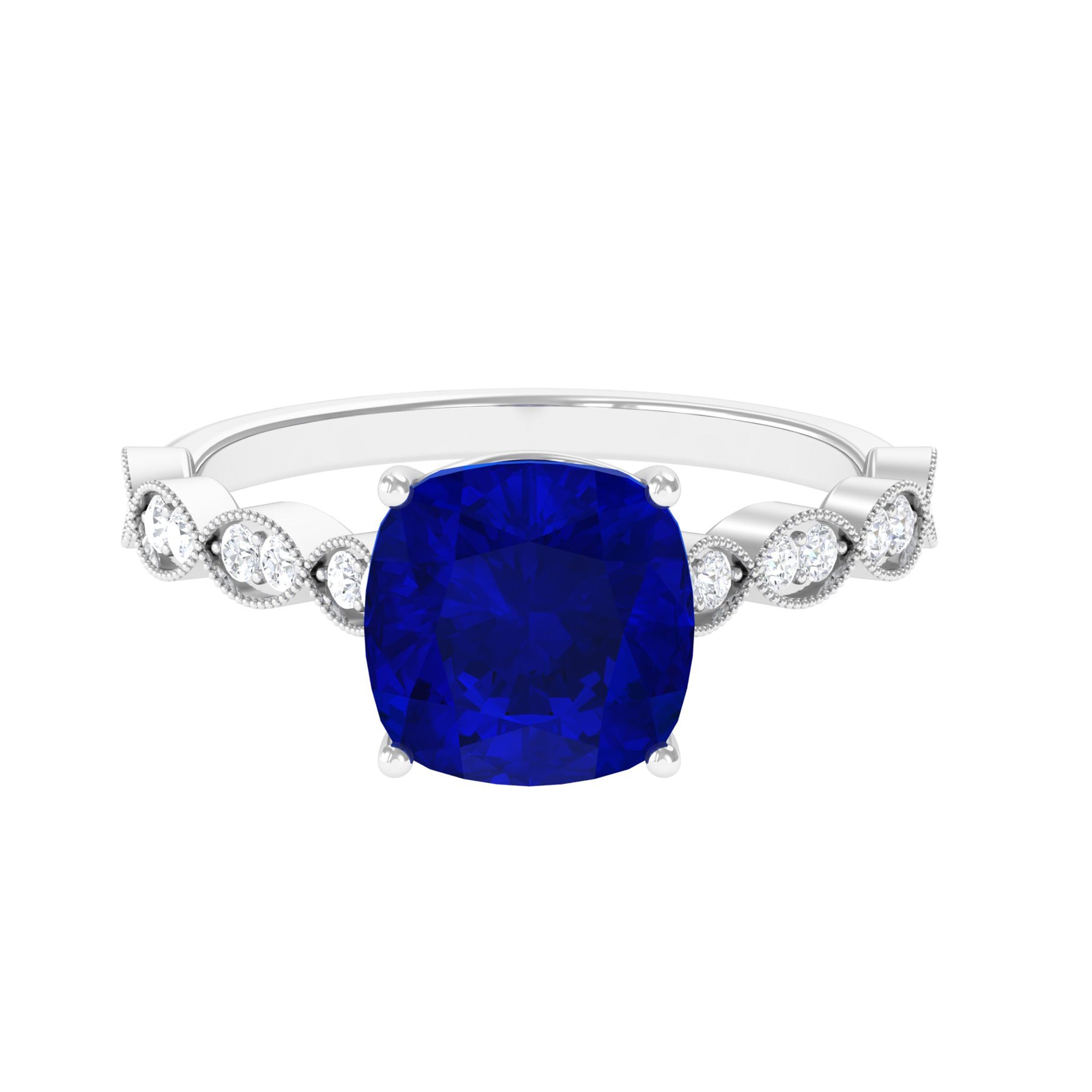 Rosec Jewels-Cushion Cut Lab Grown Blue Sapphire Solitaire Engagement Ring with Diamond