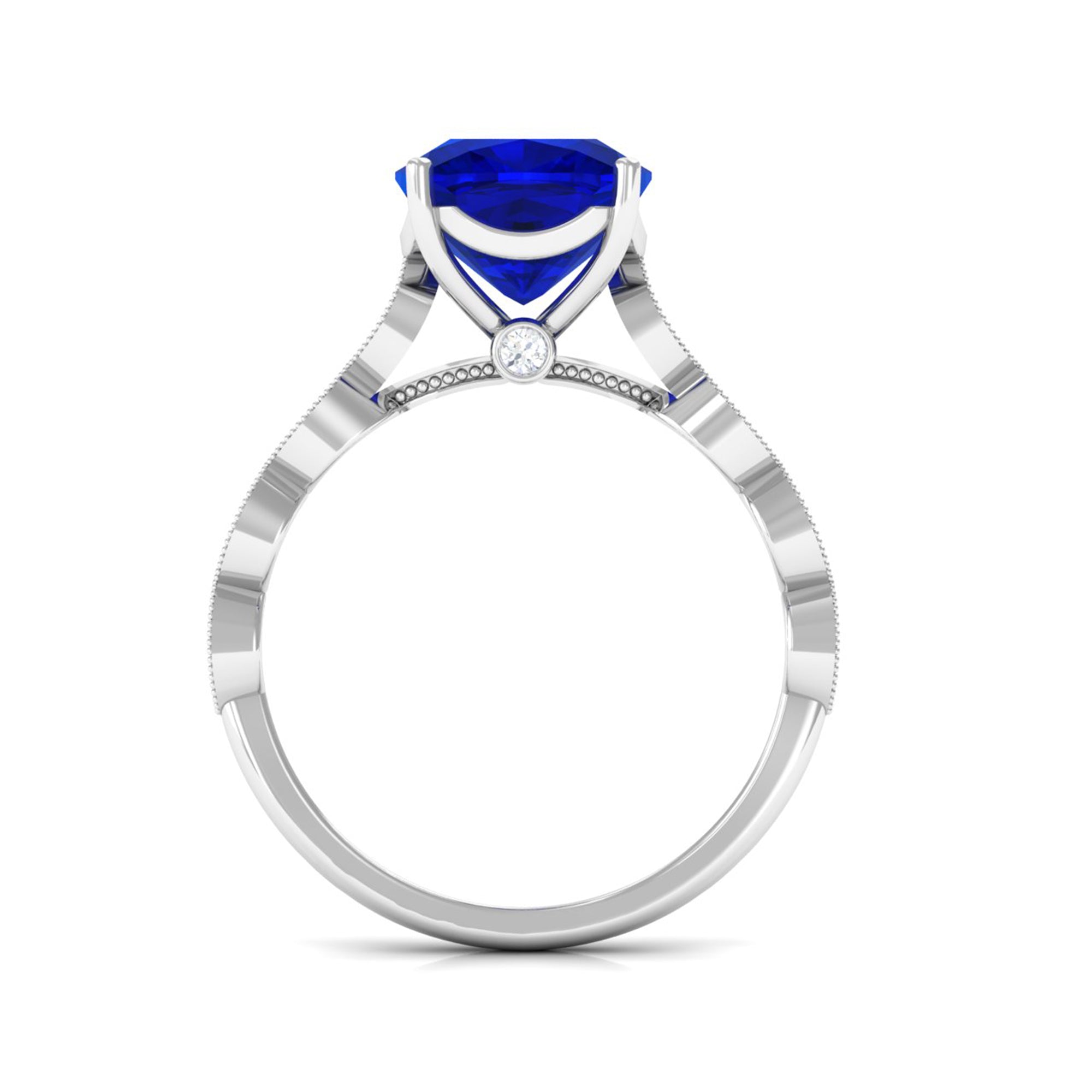 Rosec Jewels-Cushion Cut Lab Grown Blue Sapphire Solitaire Engagement Ring with Diamond