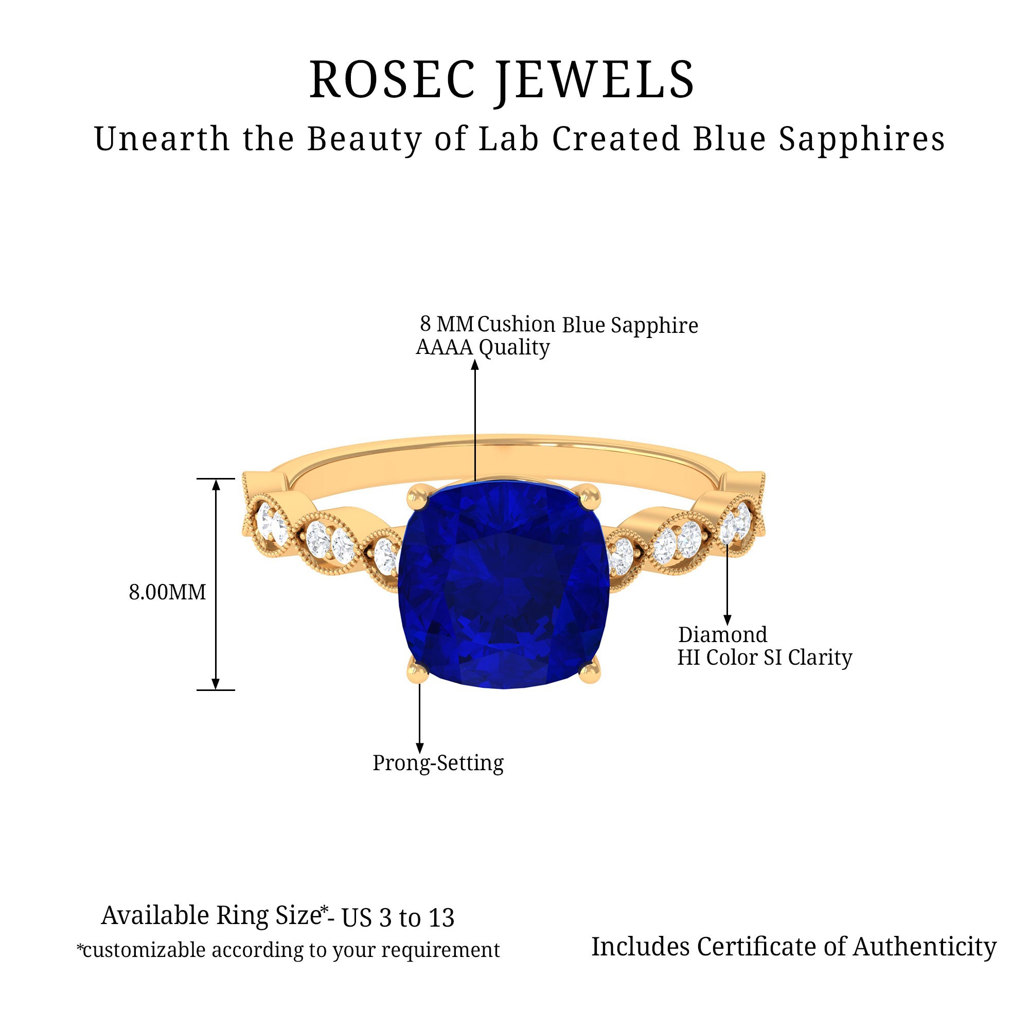 Rosec Jewels-Cushion Cut Lab Grown Blue Sapphire Solitaire Engagement Ring with Diamond