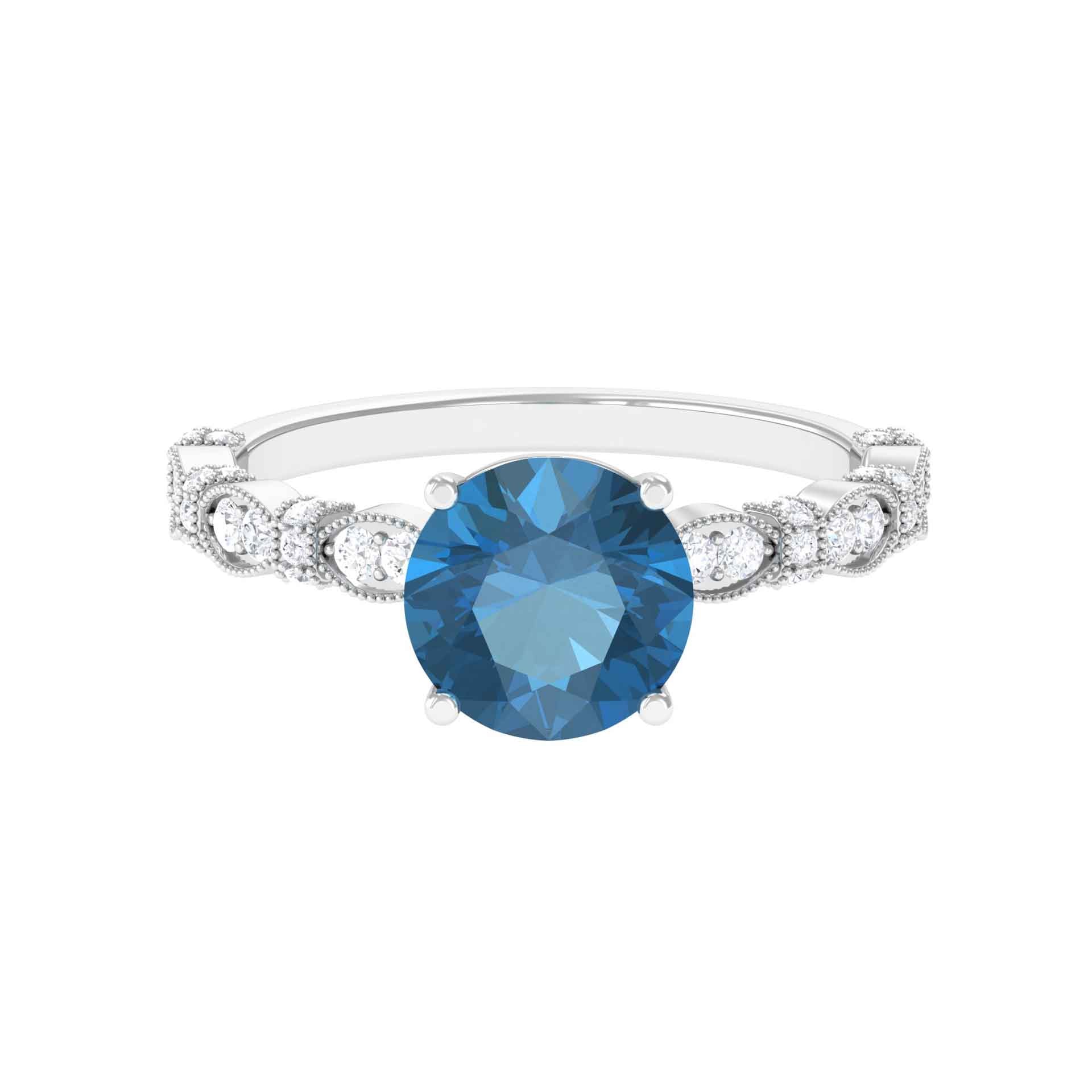 Rosec Jewels-2.50 CT Solitaire London Blue Topaz and Diamond Accent Engagement Ring with Milgrain Details