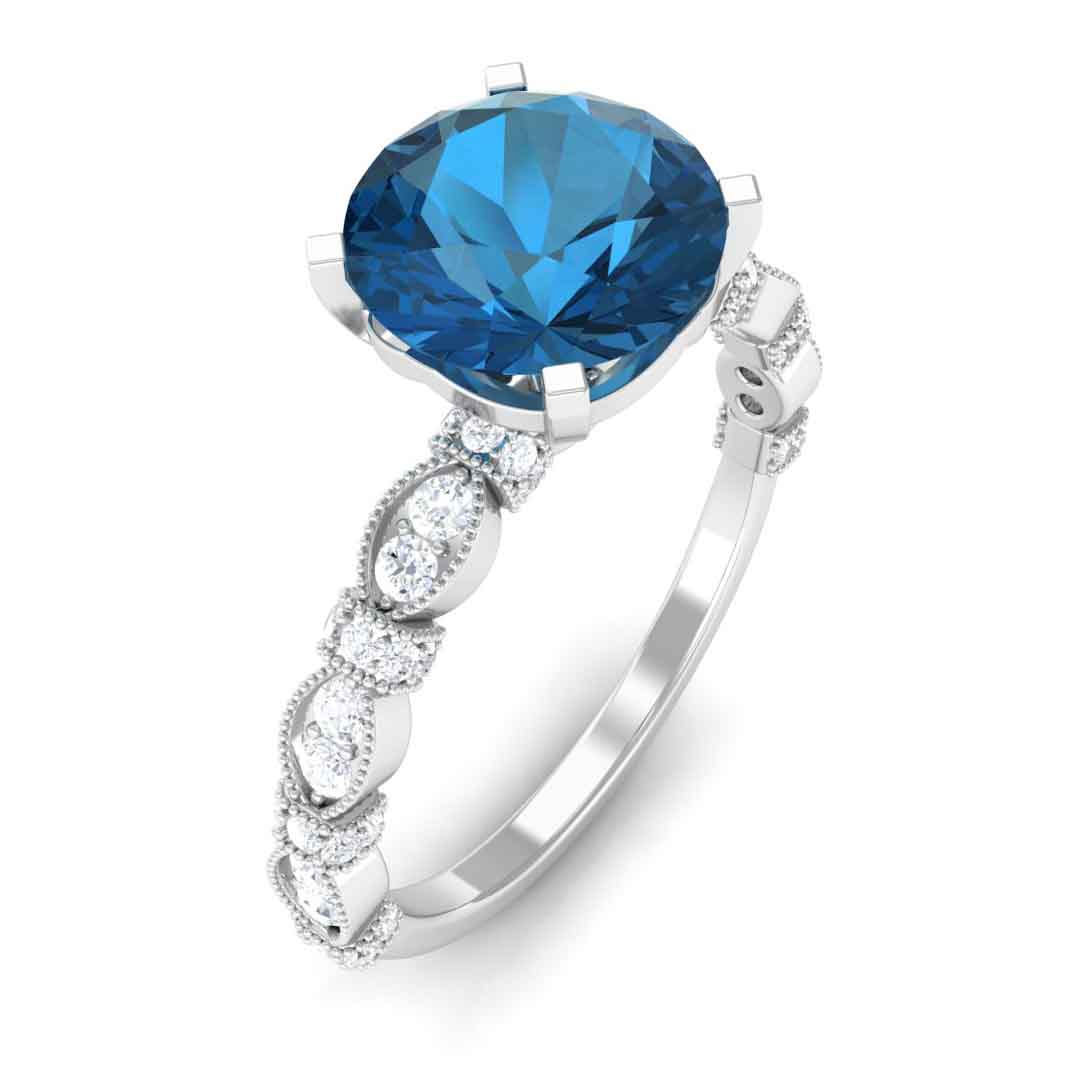 Rosec Jewels-2.50 CT Solitaire London Blue Topaz and Diamond Accent Engagement Ring with Milgrain Details