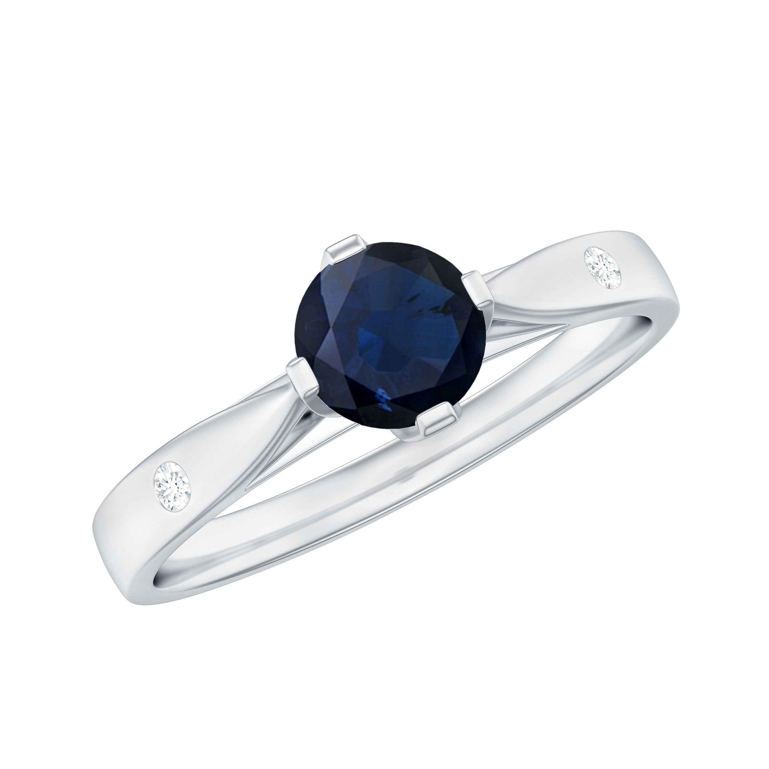 Rosec Jewels-Round Solitaire Blue Sapphire Promise Ring with Diamond